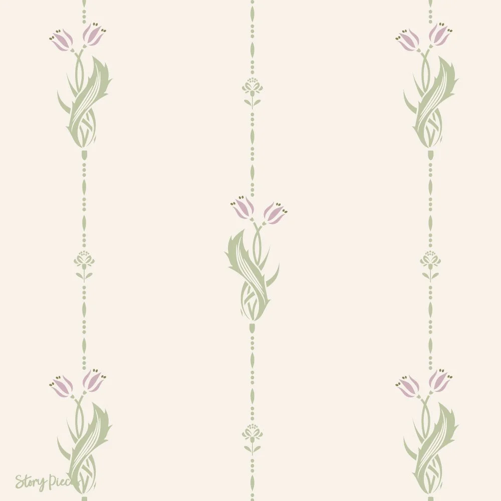Art Nouveau style floral stripe wallpaper with stylised tulips and delicate vertical motifs in soft green and muted pink tones.