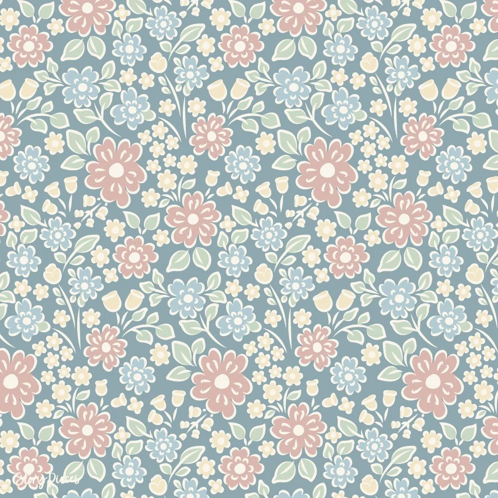 Vintage floral surface pattern with small ditsy flowers in soft pink, blue, and cream on a muted blue background, delicate botanical design.