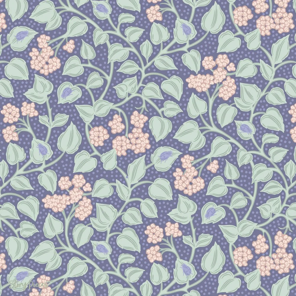 Hand-drawn floral surface pattern with trailing vines, soft green leaves, and delicate blossoms on a muted purple background.