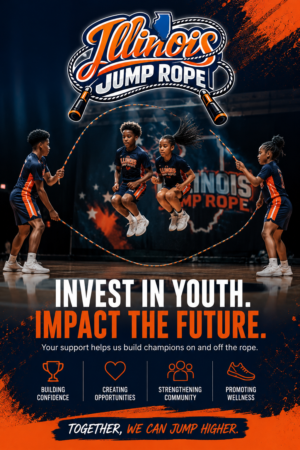 Four young girls are jumping rope together during a jump rope competition at the Illinois Jump Rope event, with a backdrop featuring the event's logo and vibrant orange and navy motifs.