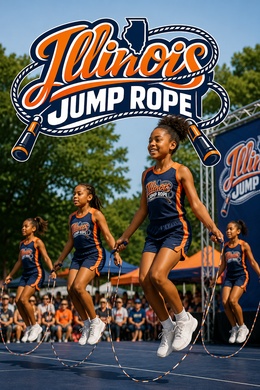 Illinois Jump Rope young girls in sports uniforms jumping rope during an outdoor event with a large sign that reads 'Illinois Jump Rope' and a crowd of spectators watching.