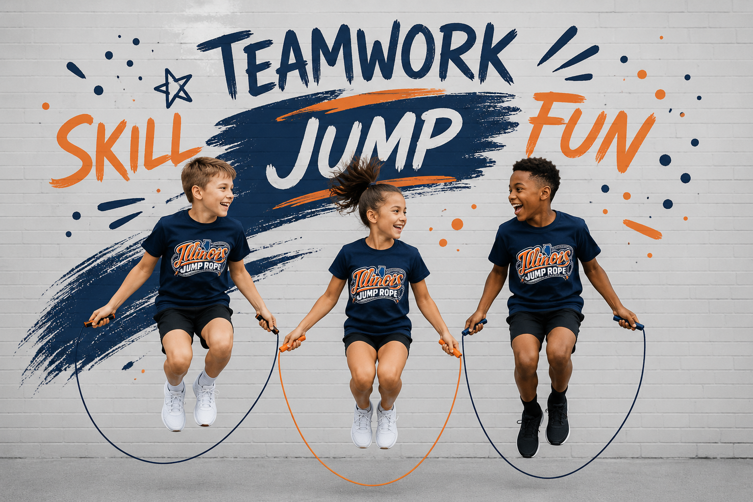 Illinois Jump Rope. Three children jumping rope in front of a wall with text that says 'Teamwork, Jump, Skill, Fun'.