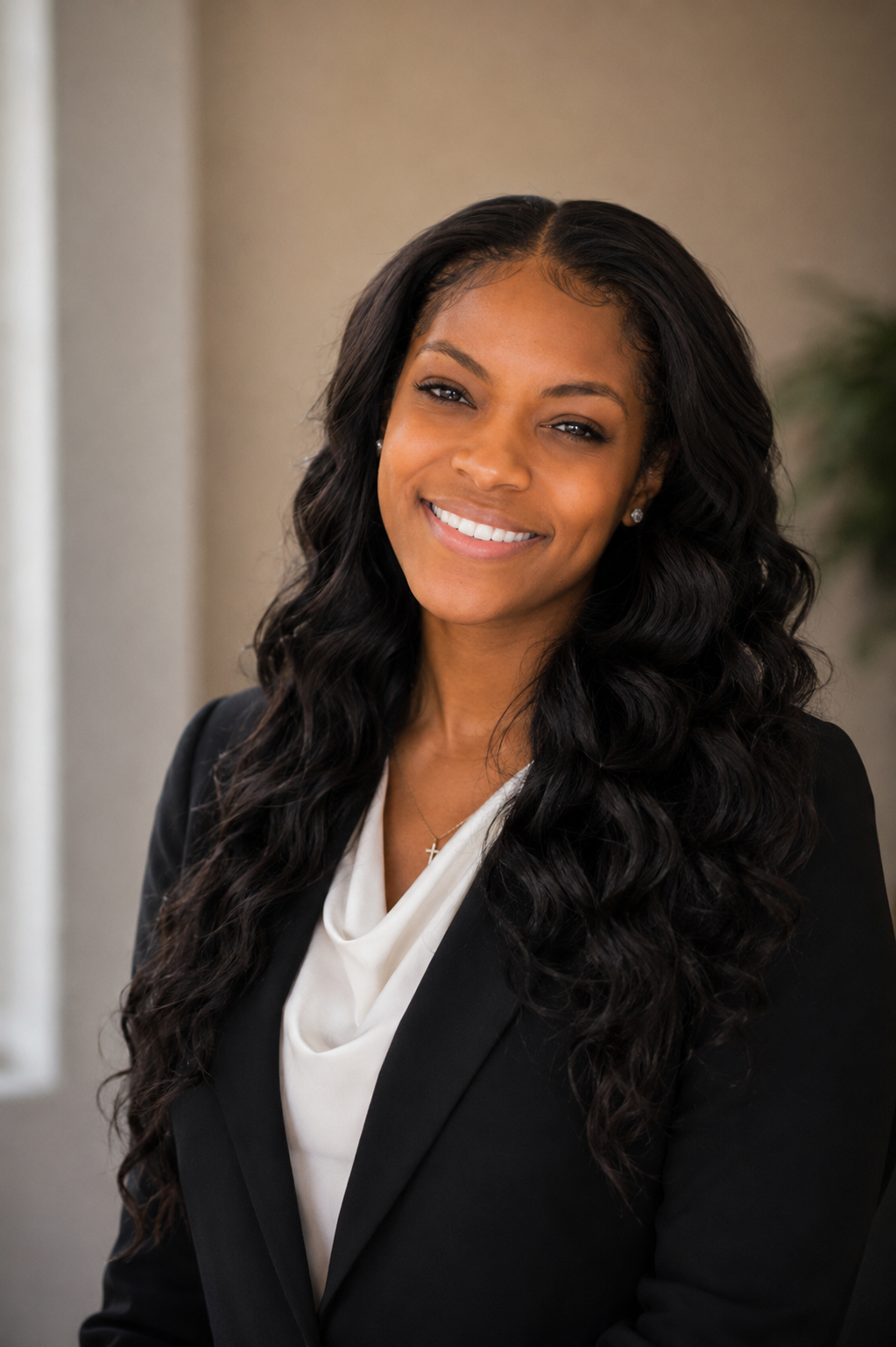 Coach Toni head shot with long black curly hair wearing a black blazer and white blouse, standing indoors.