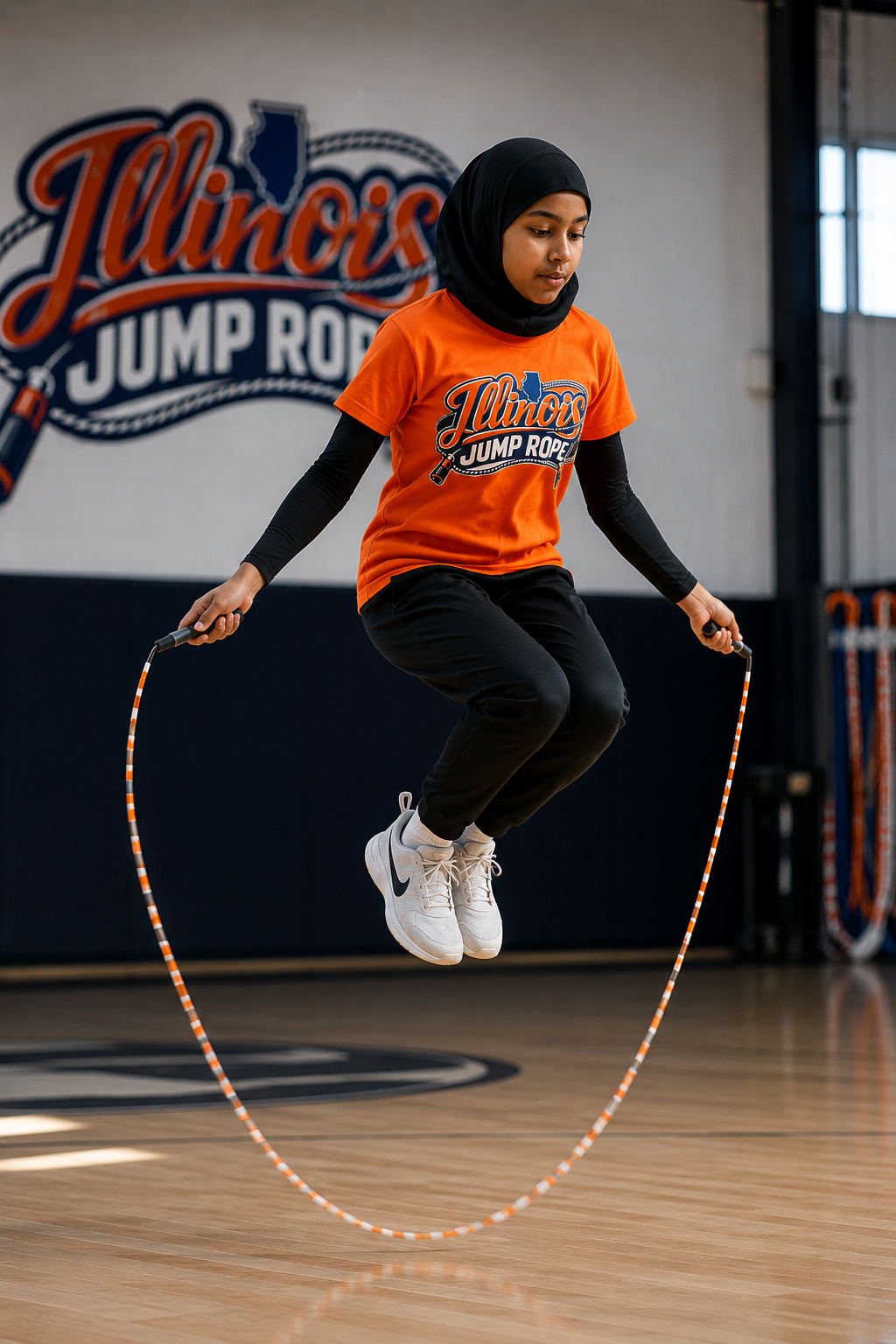 A young girl wearing a hijab and an orange Illinois Jump Rope t-shirt is jumping rope indoors on a basketball court.