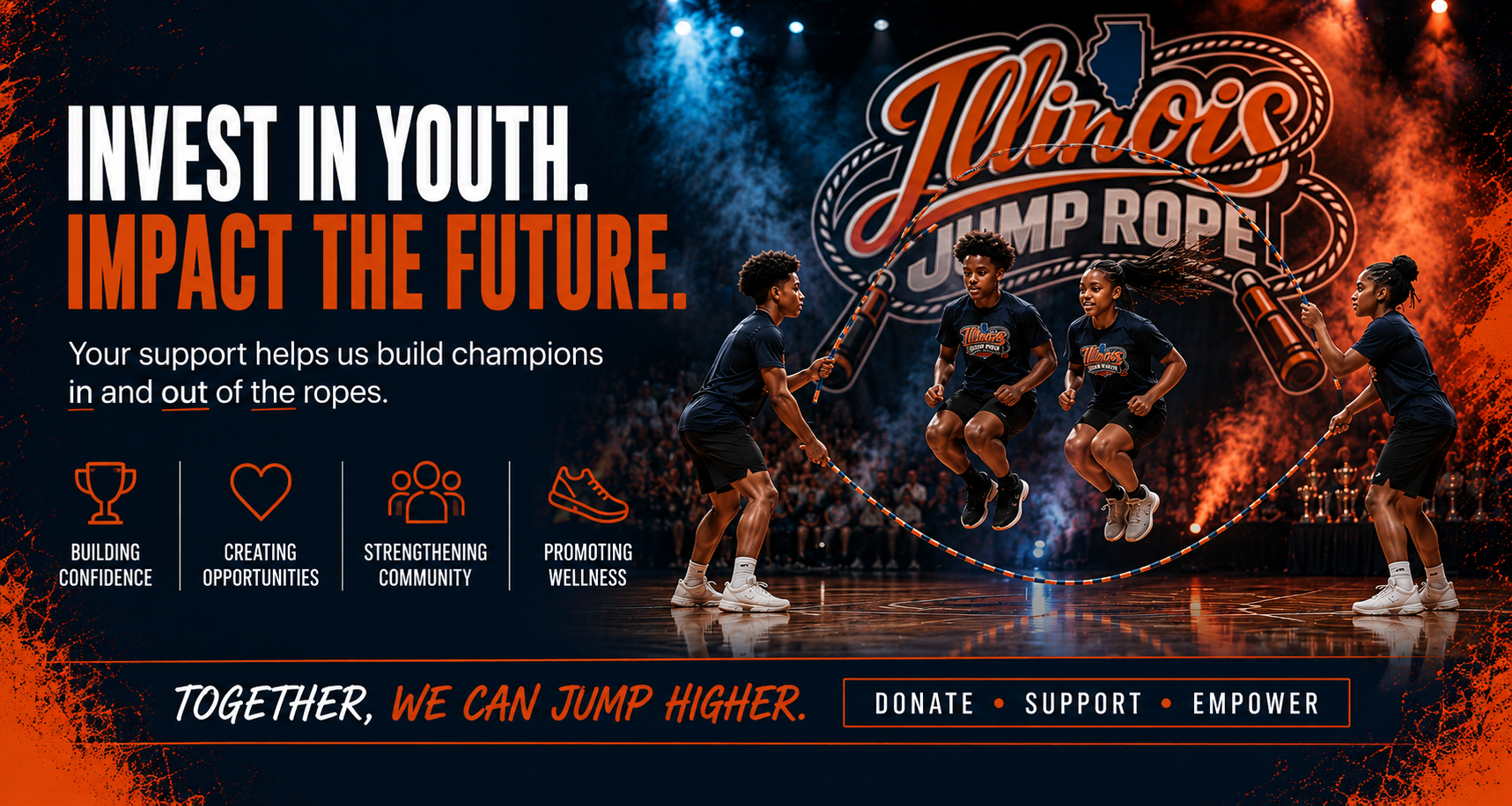 Young people jumping rope during an event with a large 'Illinois Jump Rope' logo in the background, emphasizing youth investment and community building.