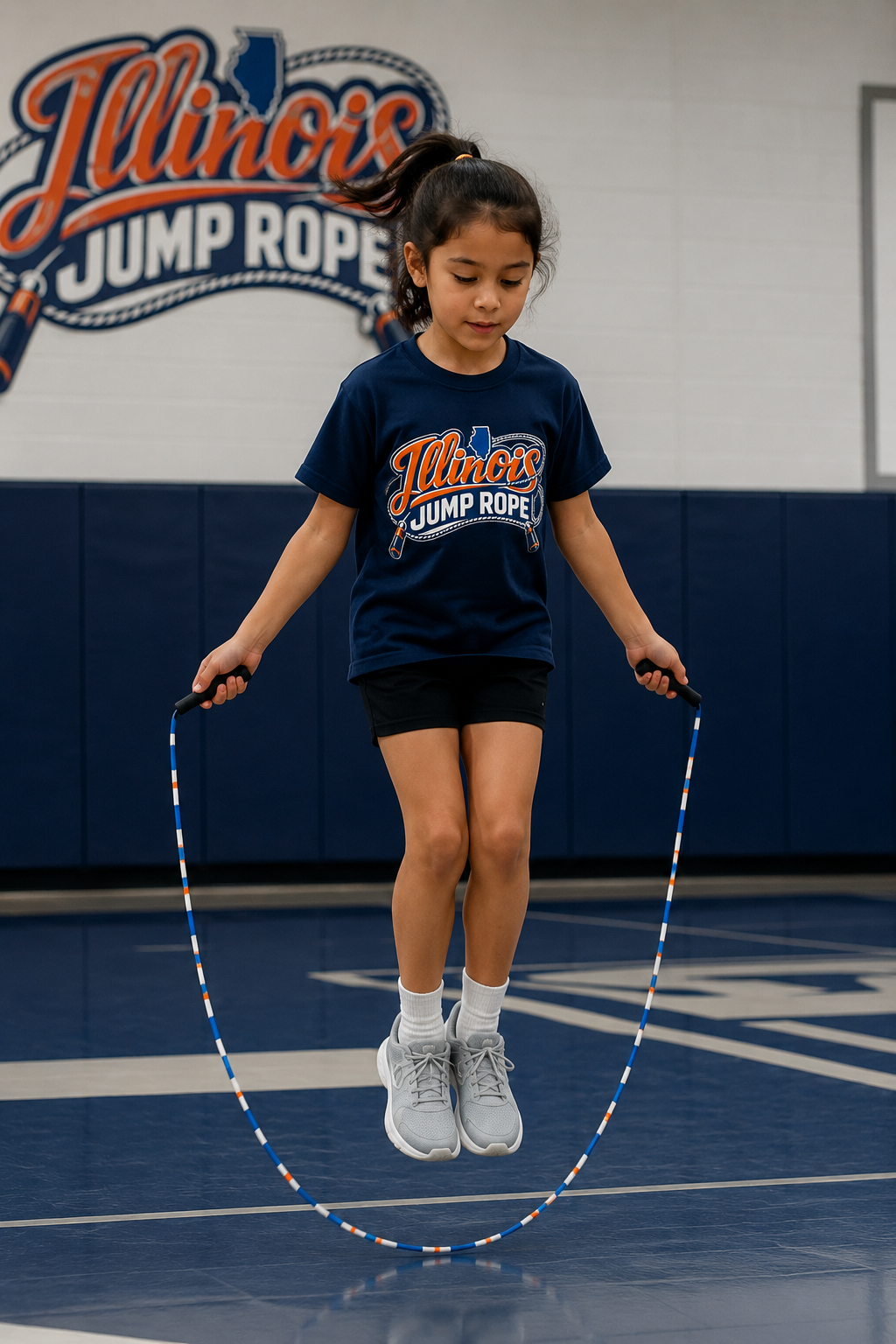 Young girl jumping rope indoors, wearing a navy blue shirt with Illinois Jump Rope logo, black shorts, white socks, and gray sneakers, in a gym with Illinois Jump Rope signage on the wall.