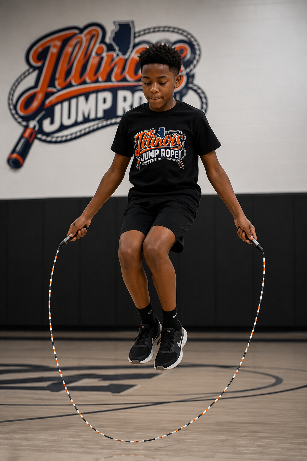 A young boy jumping rope on a gym floor, wearing a black Illinois Jump Rope t-shirt and black athletic shoes, with Illinois Jump Rope logo on the wall behind him.