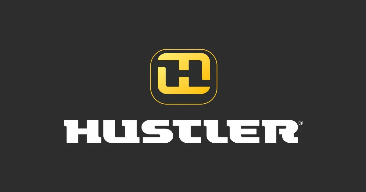 Hustler logo with a yellow and black icon above the word 'Hustler' in bold white text on a black background.