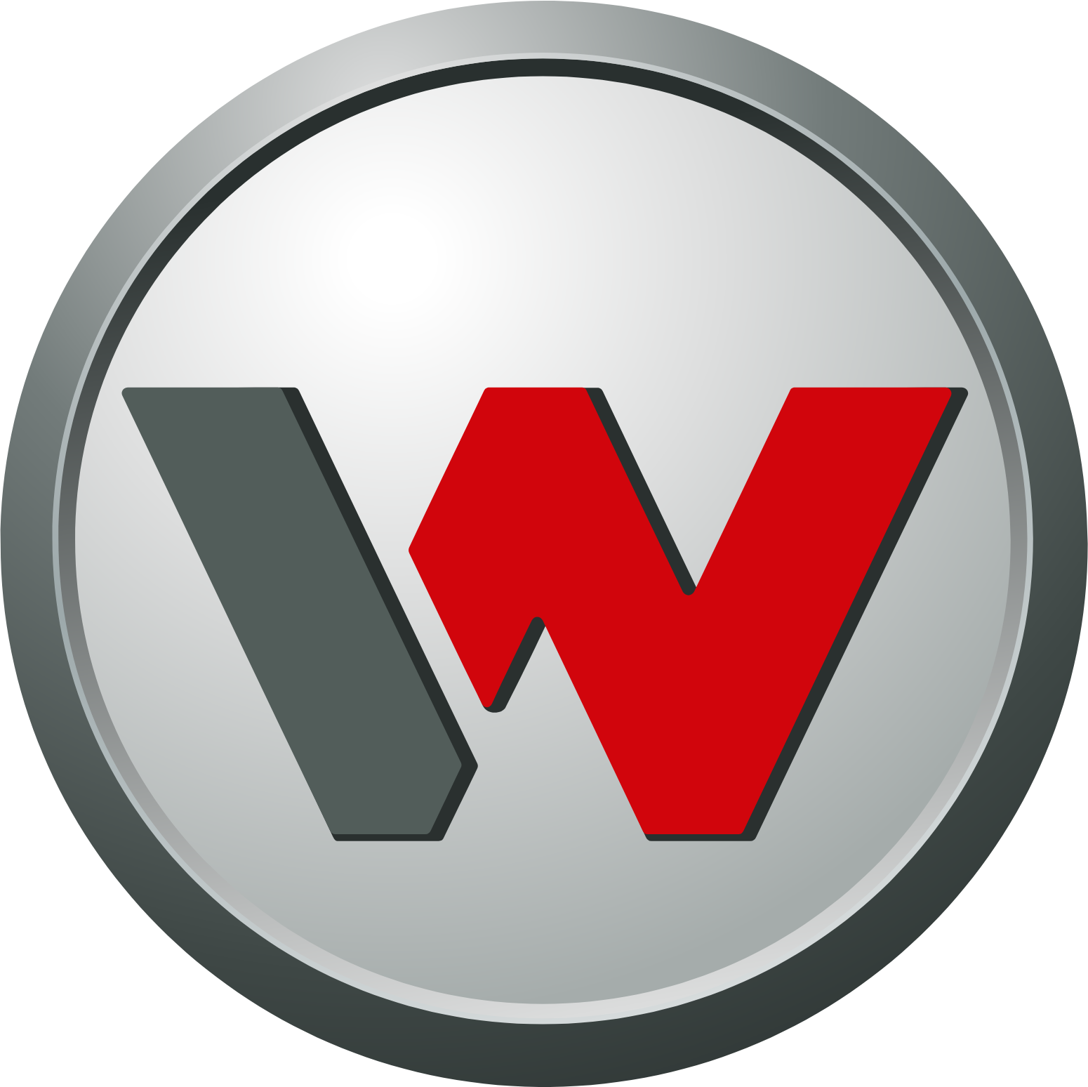 Close-up of a circular button with a stylized black and red 'W' logo.