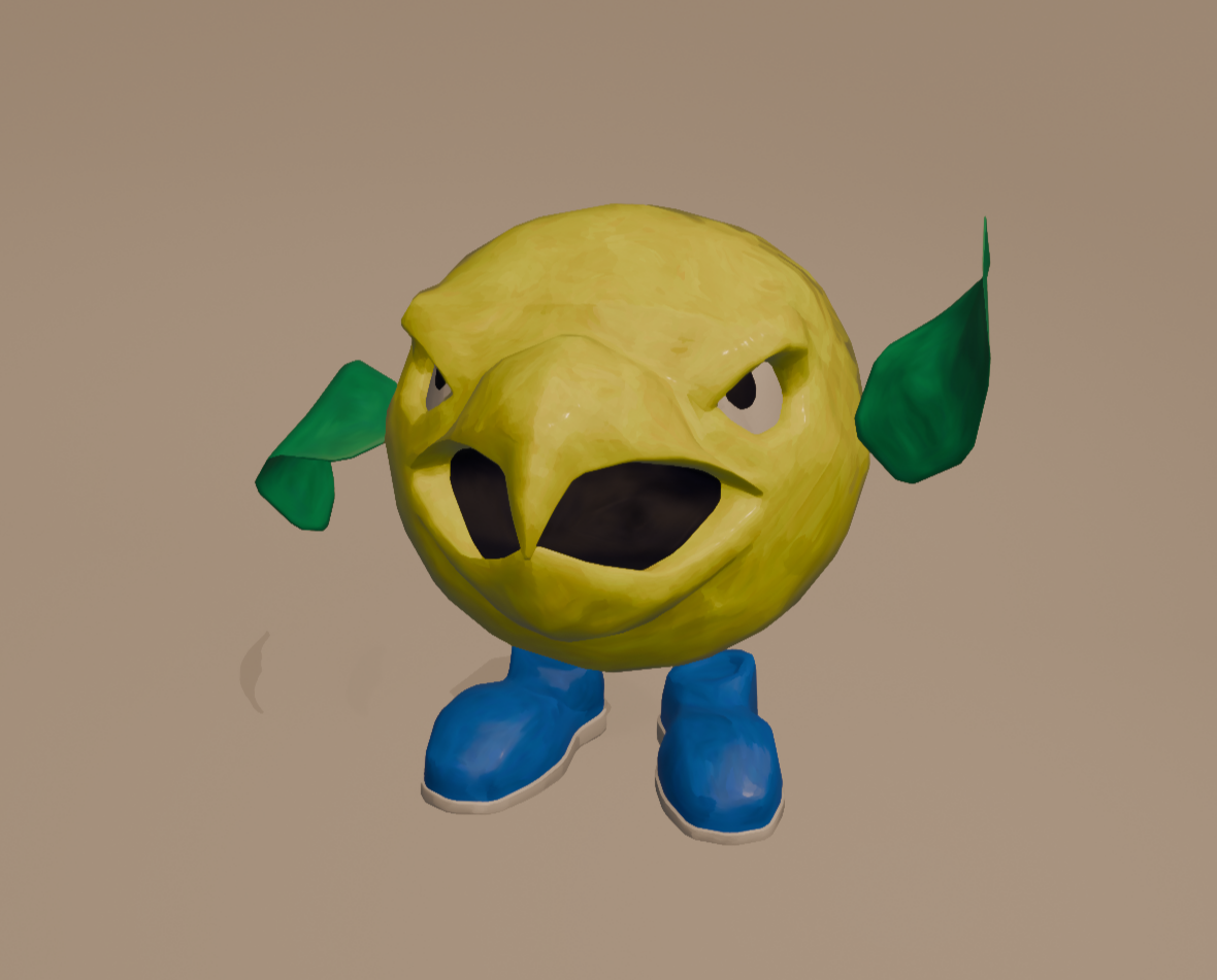 A cartoon character with a lemon for a head, blue shoes, and green ears, standing on a plain background.
