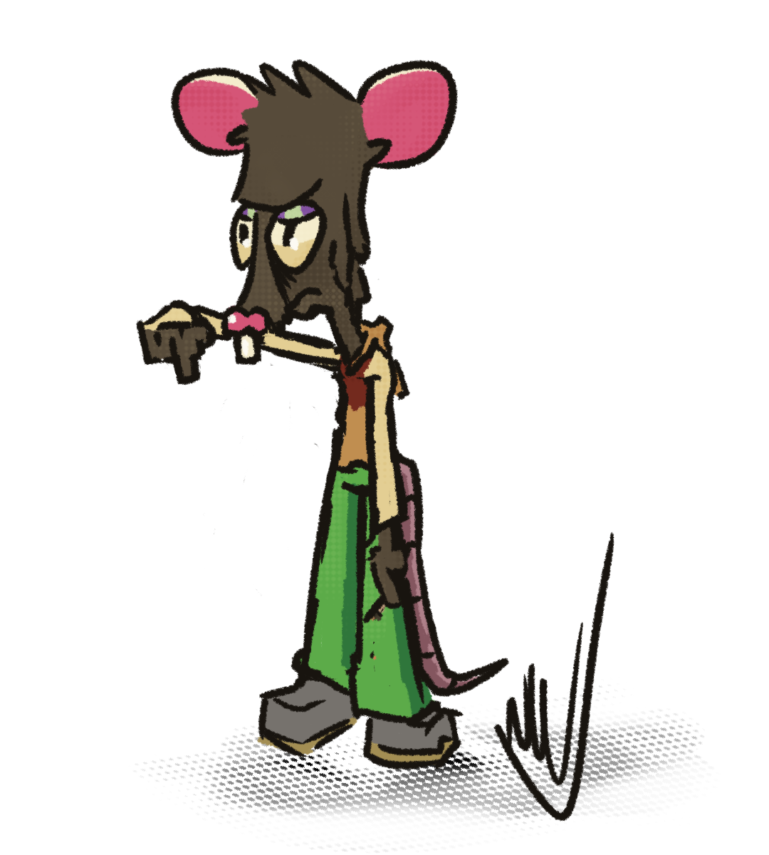 A cartoon drawing of an anthropomorphic rat with brown fur, large pink ears, and purple eyes, holding a cigarette in his hand, wearing green pants and a tan shirt, with a lethargic expression.