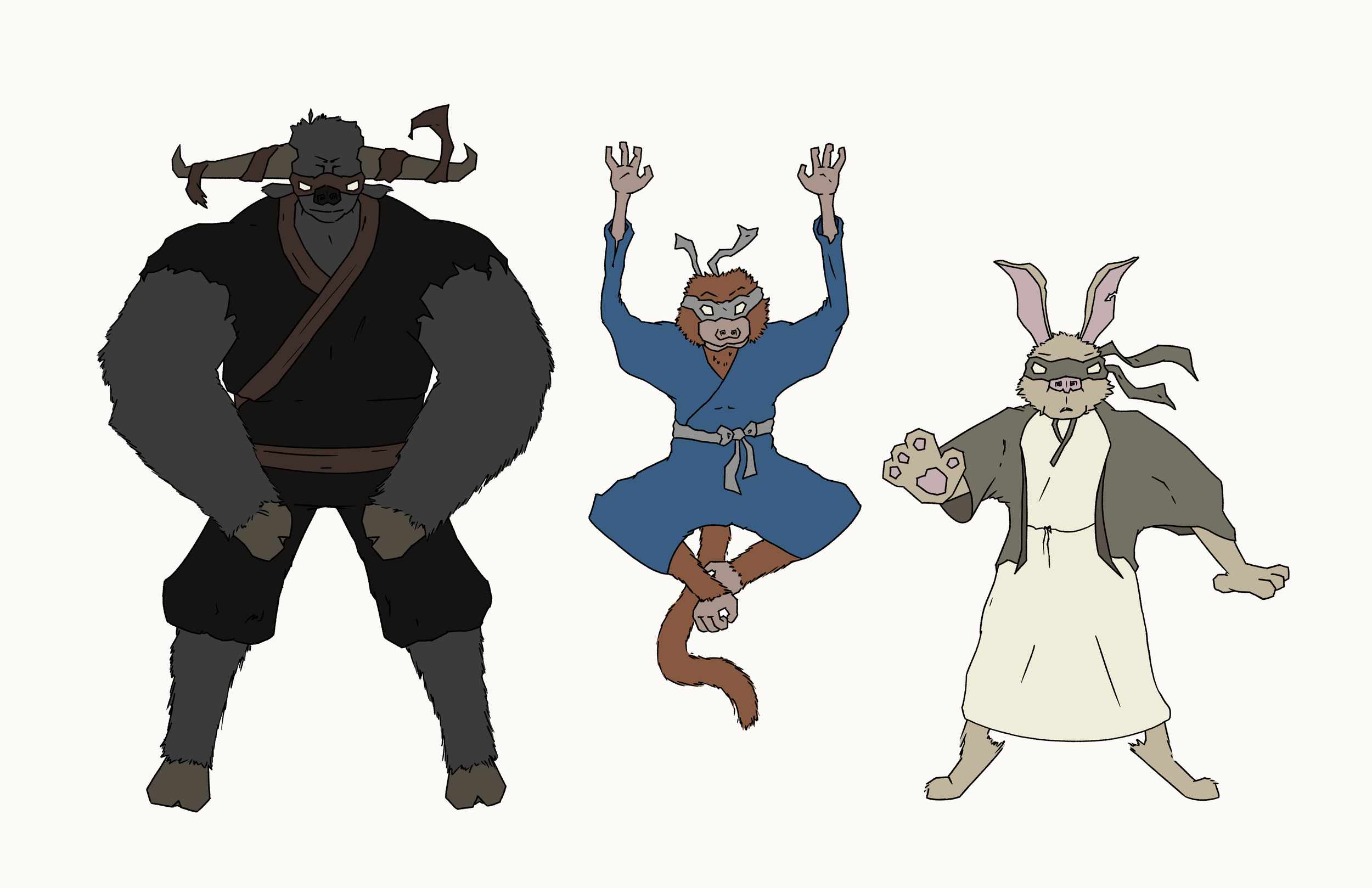 Three animated anthropomorphic characters dressed as animals and martial artists, standing side by side against a plain background: a large wolf with dark fur and horns, a small orange monkey with a blue gi, and a rabbit with pink ears and a traditio