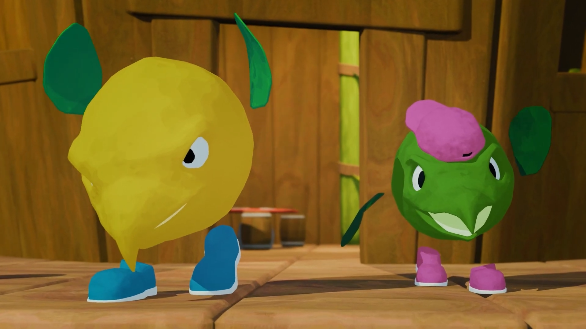 Lemon Bird and Lime Bird preparing to take off.