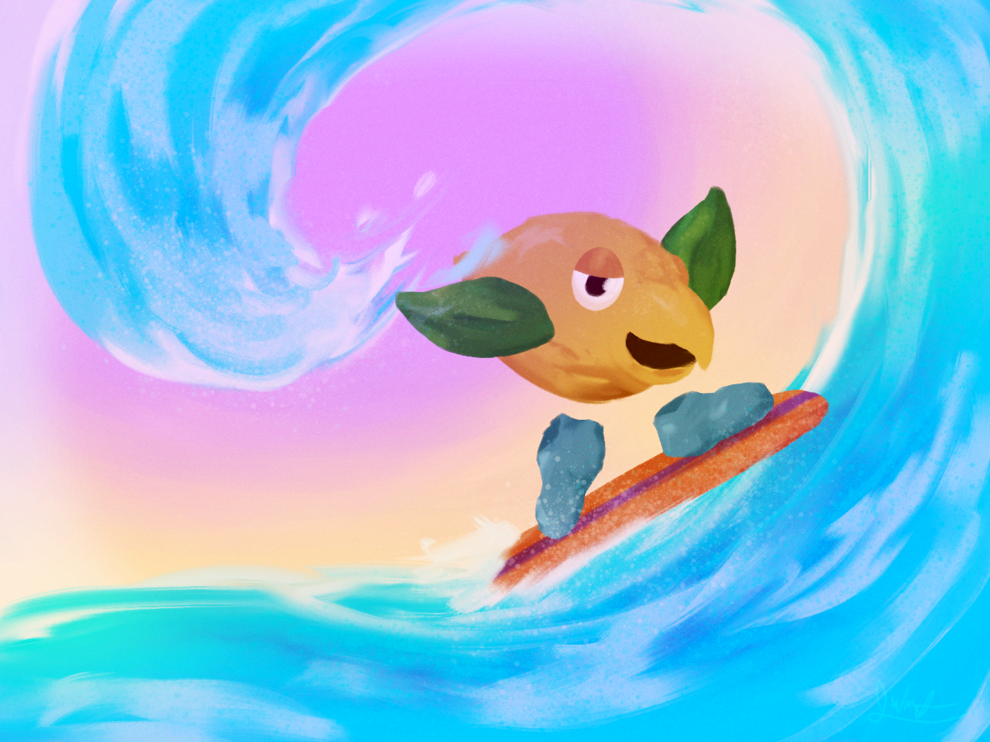 Lemon Bird Surfing, digital painting