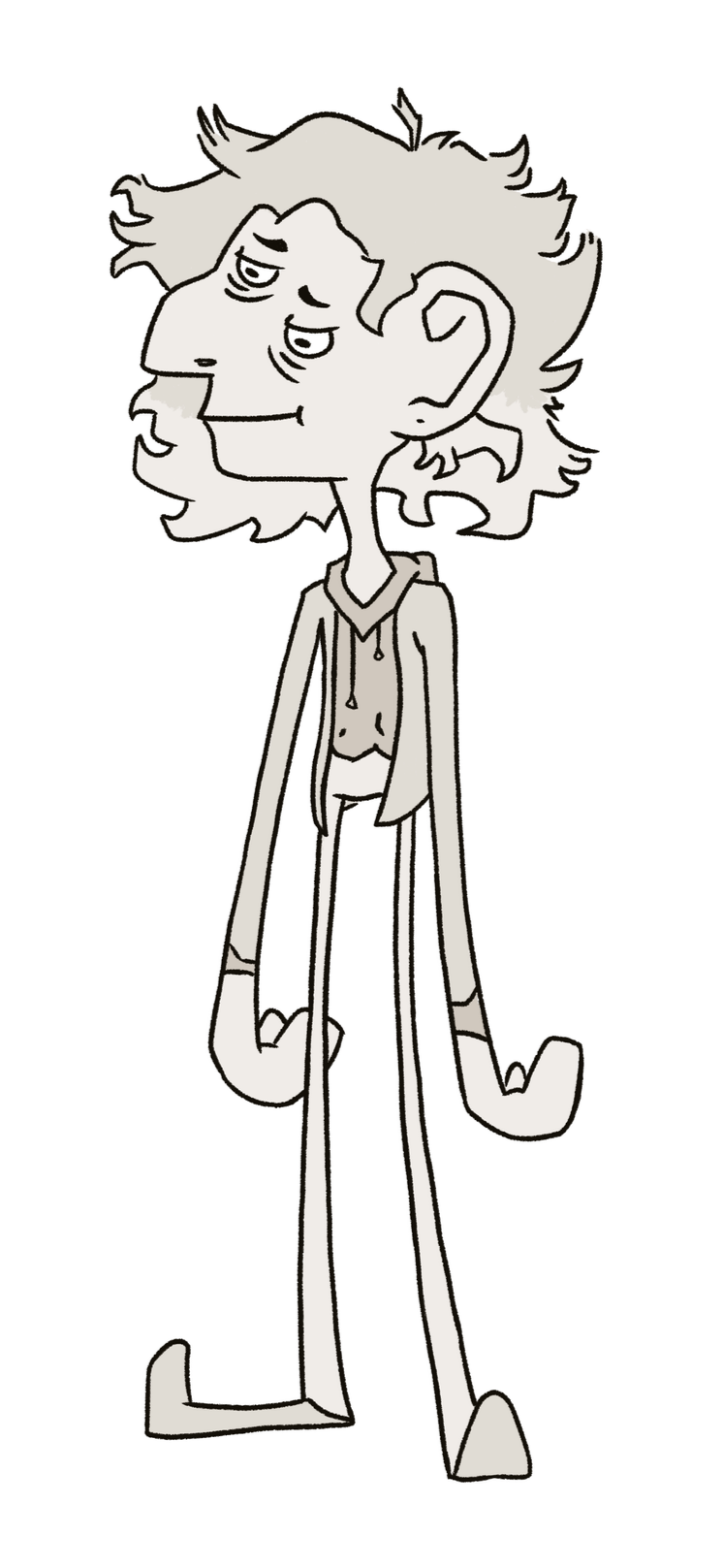 A black and white cartoon drawing of a tall, thin person with messy, wavy hair, wearing a hoodie, sweatpants, and slippers, with a relaxed expression.