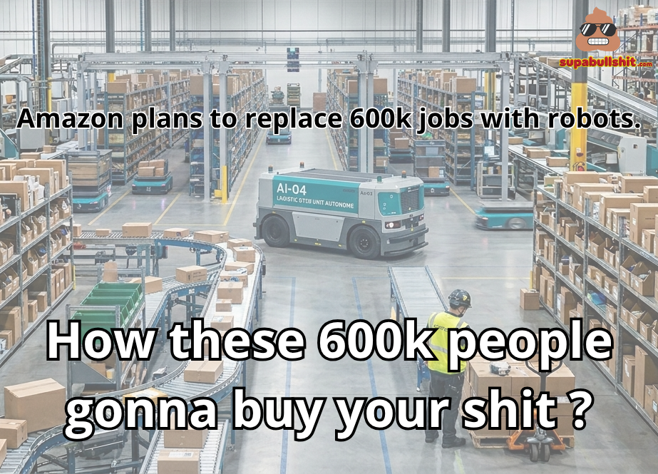 Intérieur d'un entrepôt avec des chariots élévateurs et un robot autonome. Des employés sont présents. Texte superposé en français.