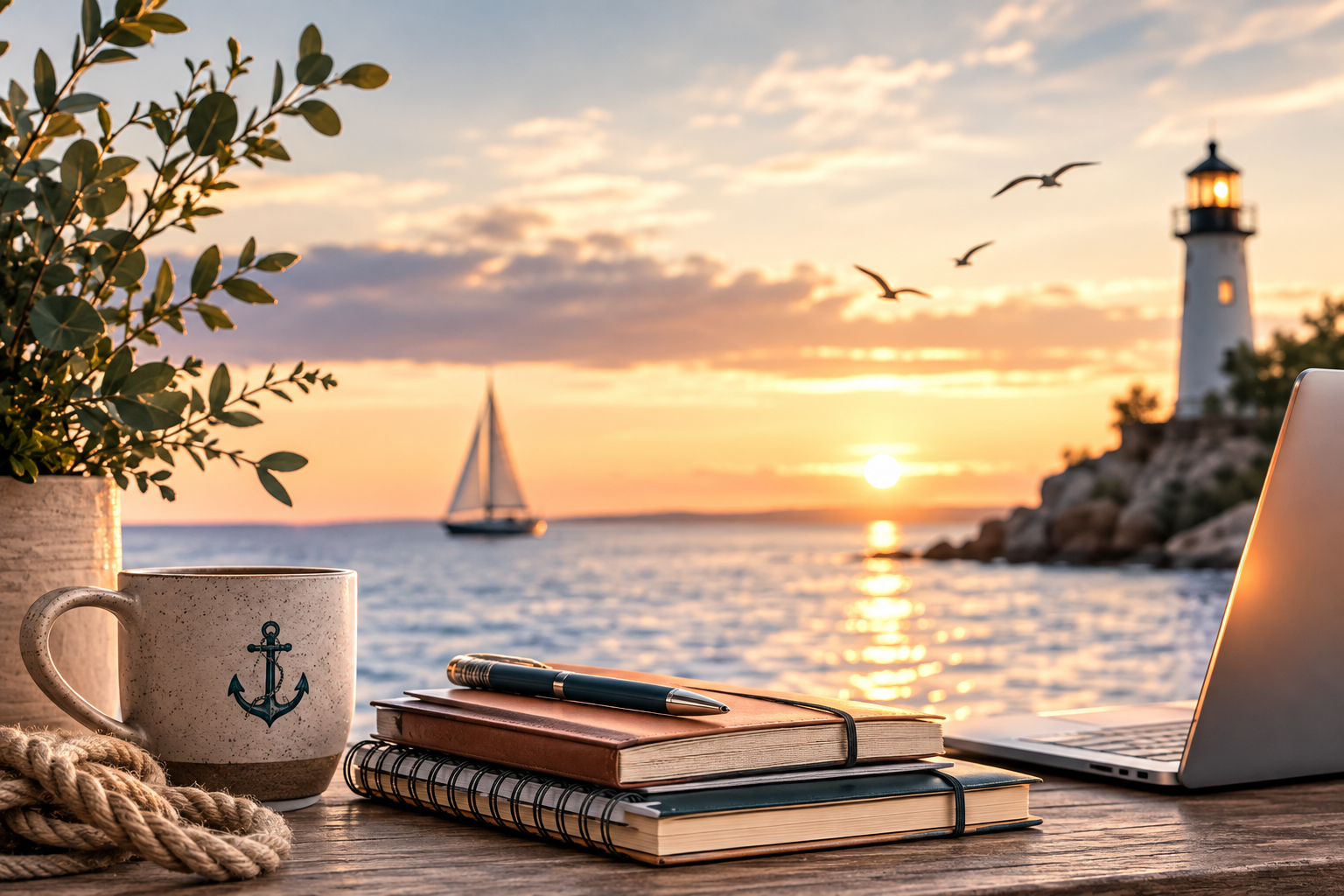 A desk setup overlooking a sunset by the sea with a lighthouse, sailboat, and birds in the background. The desk has a potted plant, a coffee mug with an anchor, notebooks, a pen, and an open laptop.