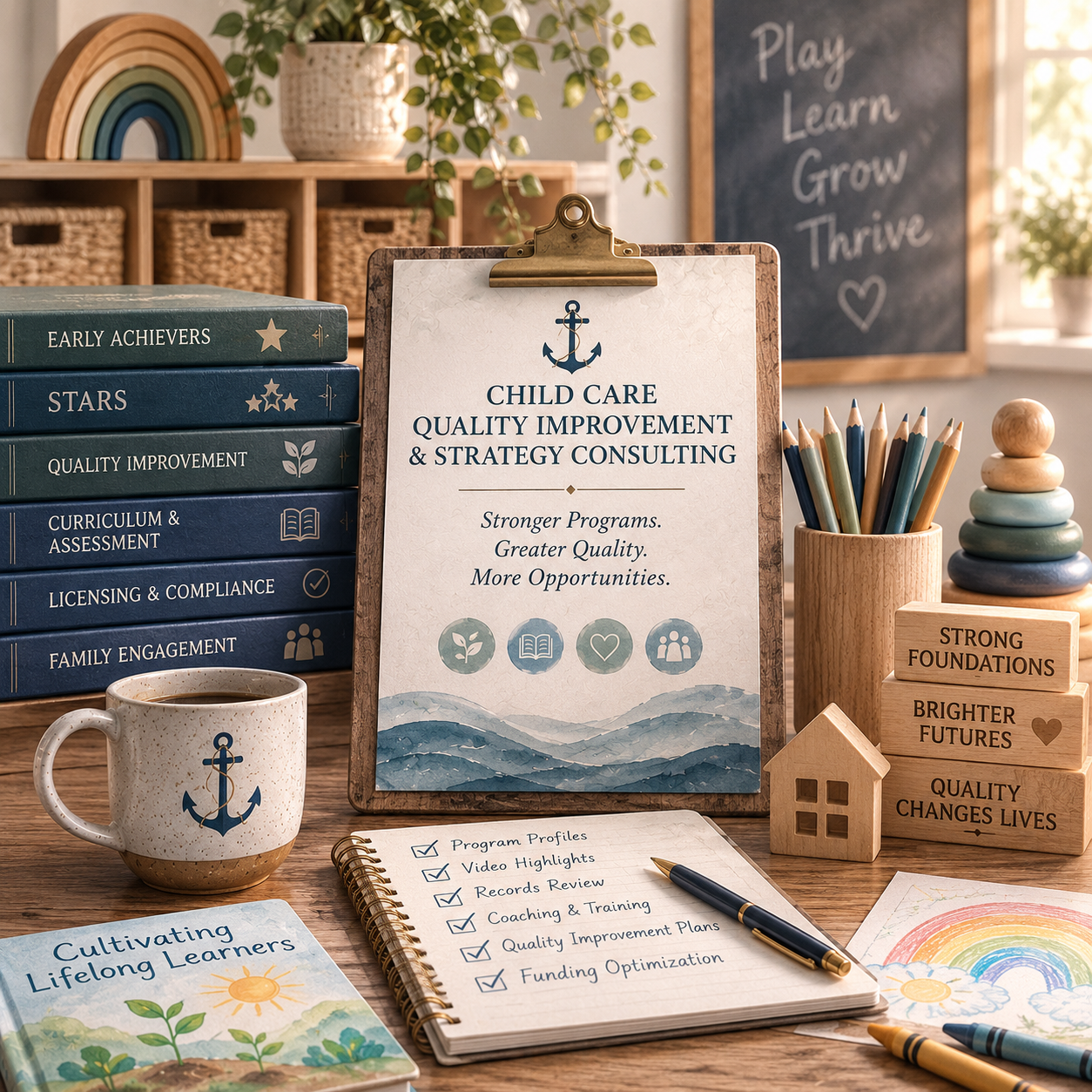 A wooden desk displays books on child care and quality improvement, a framed sign promoting child care strategy consulting, a cup with an anchor symbol, colored pencils, stacked wooden beads, a small wooden house, a spiral notebook with checklists, and a children's book titled 'Cultivating Lifelong Learners.' In the background, a blackboard with the words "Play, Learn, Grow, Thrive" and a heart, a potted plant, and a rainbow decoration are visible.