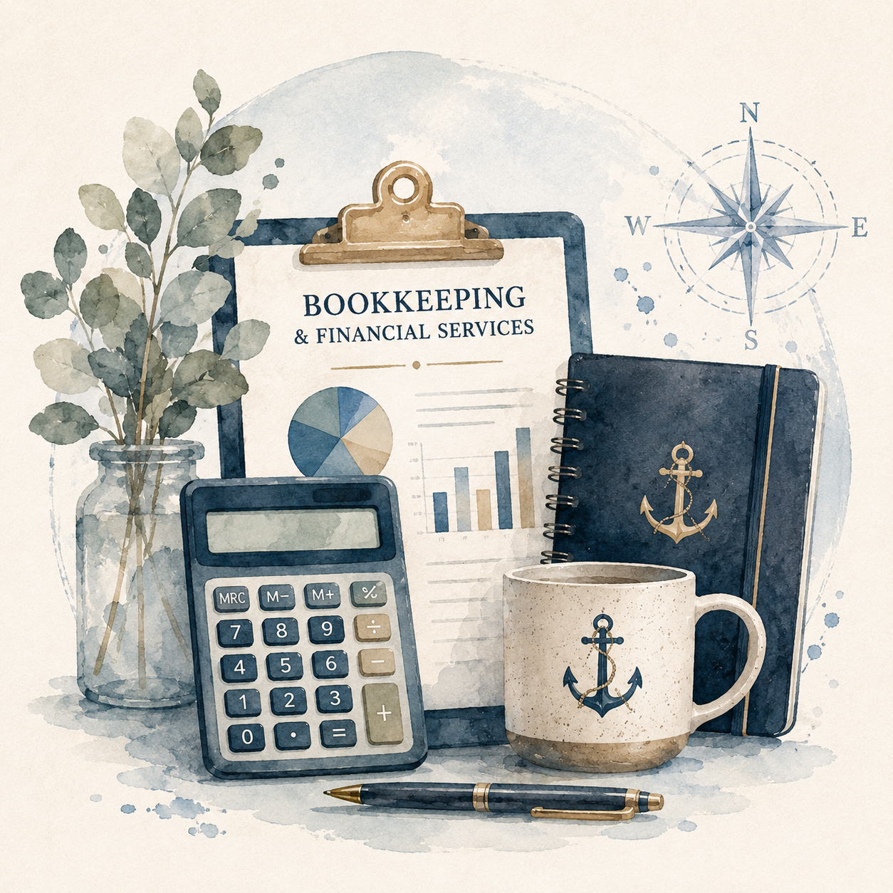 Watercolor illustration of bookkeeping and financial services supplies, including a clipboard with a paper, bar graph, pie chart, calculator, coffee mug with anchor, navy book with anchor emblem, spiral notebook, pen, and plant, with a compass in the background.