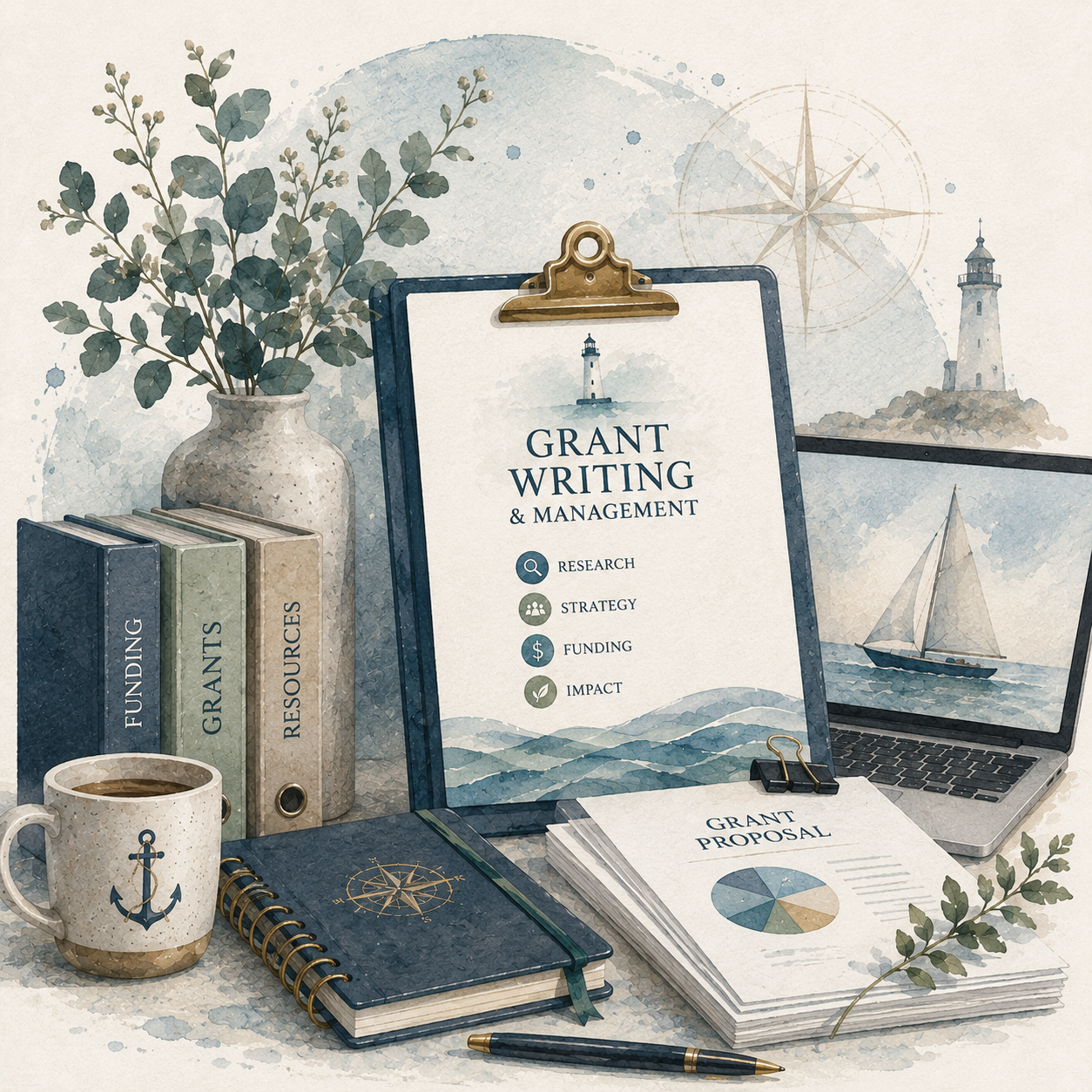Watercolor illustration of a maritime-themed workspace with a potted plant, books titled Funding, Grants, Resources, a coffee mug with an anchor, a notebook with a compass, a clipboard with a grant writing and management guide, a laptop displaying a lighthouse and sailboat, and a stack of grant proposal papers with a diagram, with nautical and lighthouse images in the background.