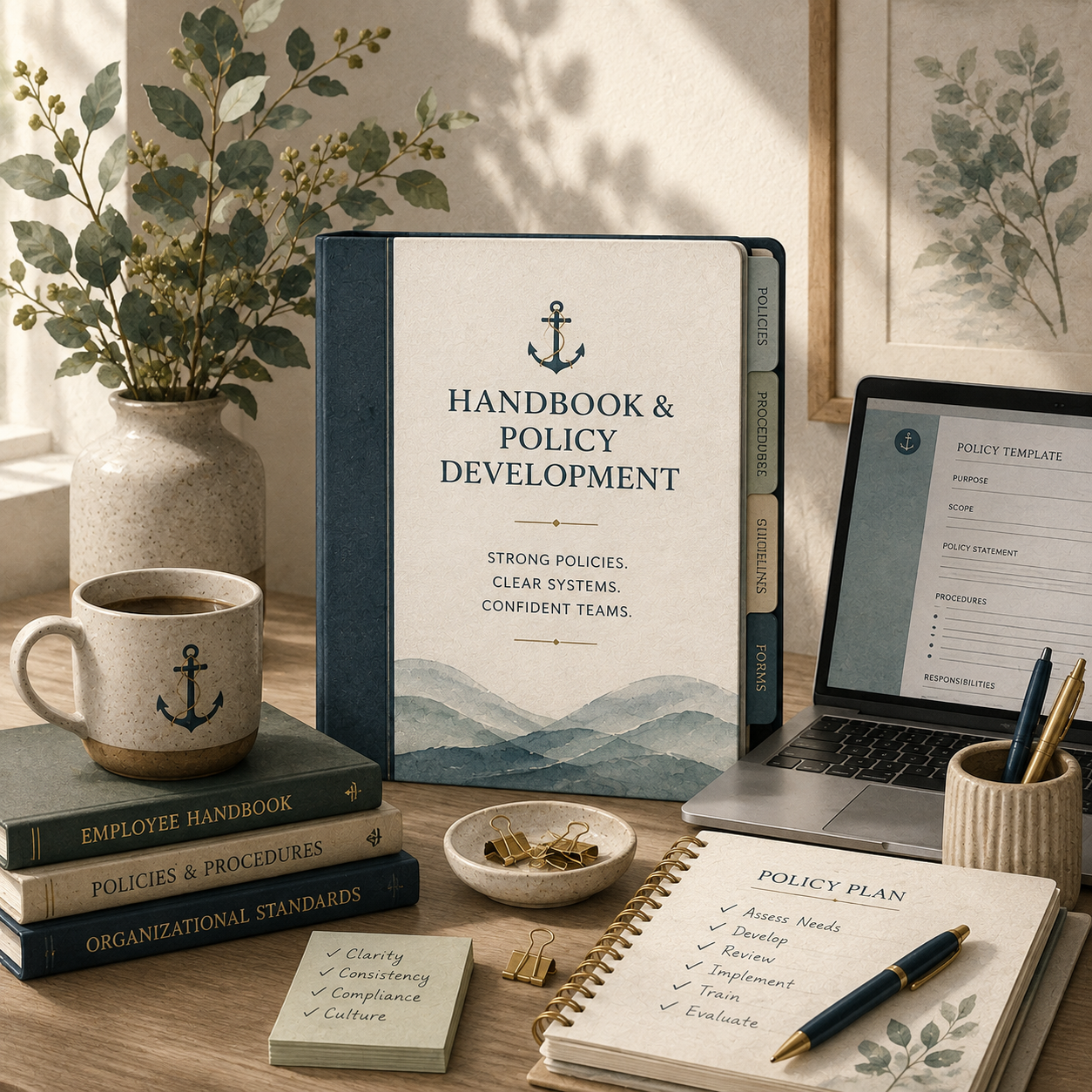 A workspace with a large binder labeled "Handbook & Policy Development" standing upright. The binder has tabs labeled "POLICIES," "PROCEDURES," "SHAREFOLDER," and "FORMS." Next to the binder, there is a laptop displaying a policy template, a cup of coffee with an anchor logo, stacked books titled "Employee Handbook," "Policies & Procedures," and "Organizational Standards," a small dish with gold paper clips, a notepad with a checklist titled "Policy Plan," a sticky note with key principles, a pen, and a pen holder with two pens. A potted plant and framed botanical art are also on the desk, with sunlight streaming in.