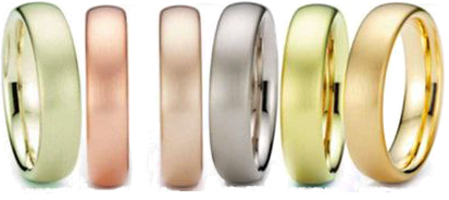 Close-up of six metallic rings in various colors: gold, rose gold, silver, pale yellow, shiny gold, and light gold, lined up in a row.