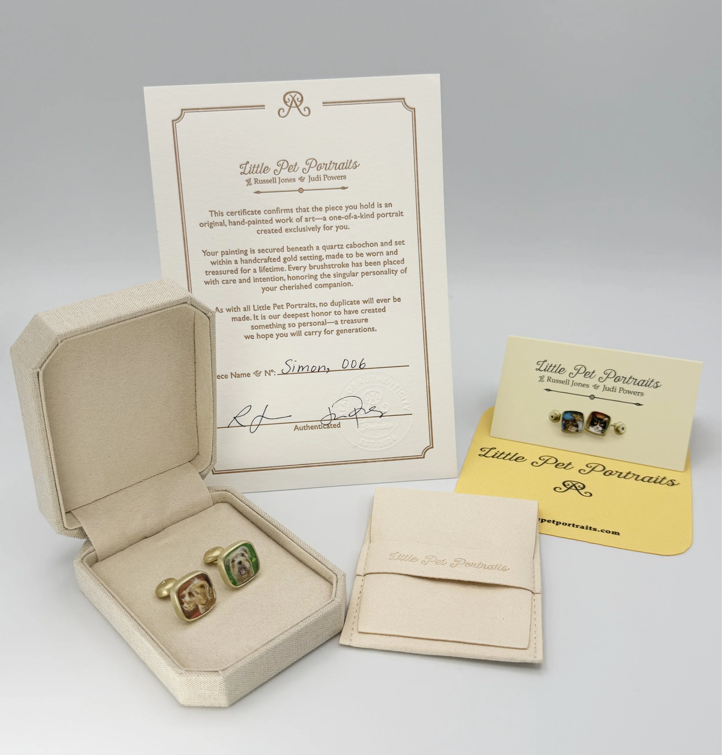 Each Little Pet Portrait comes packed in a linen box, accompanied by a travel pouch, certificate of authenticity, and everything needed to keep it beautiful for years to come.