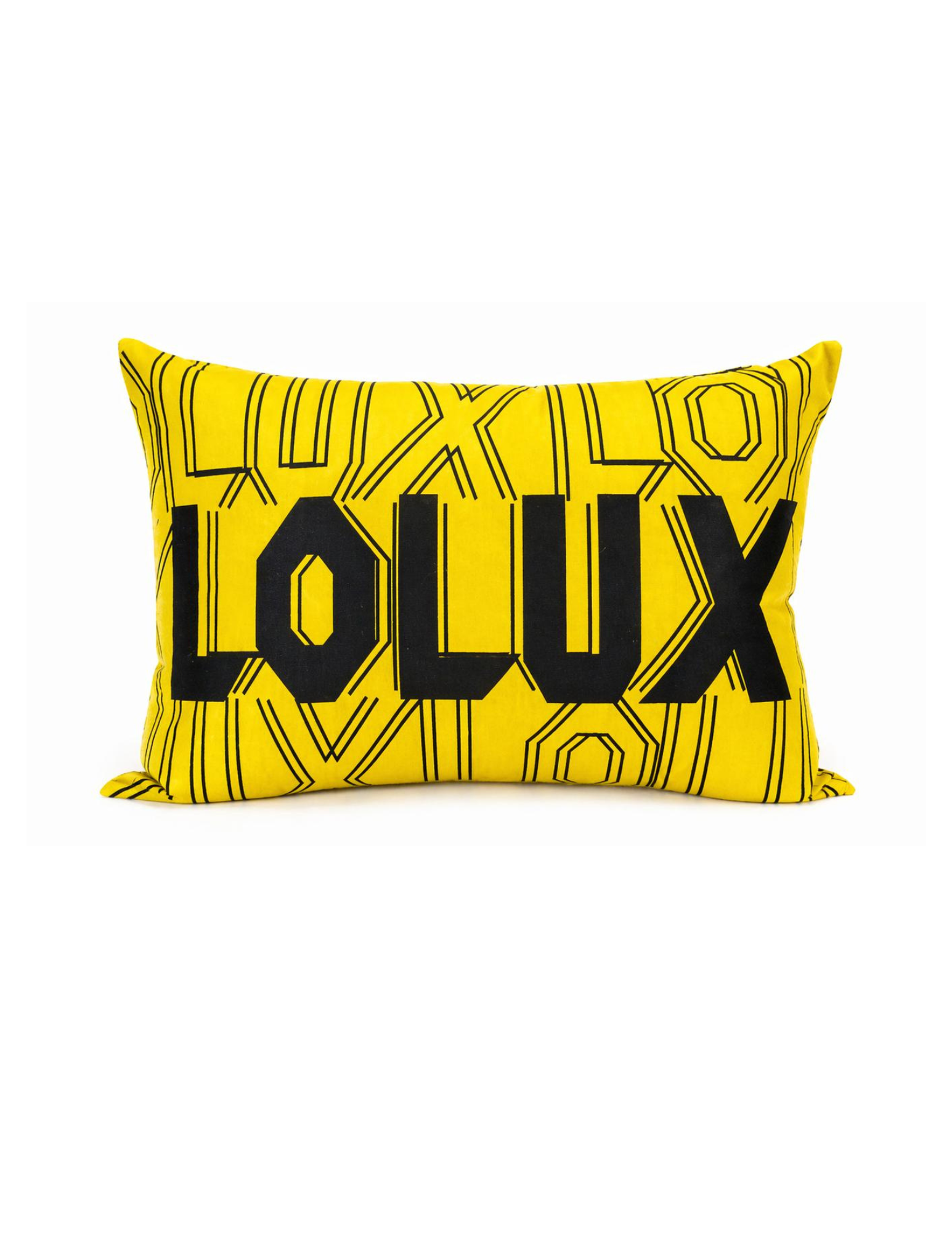 Bright yellow pillow with black geometric line patterns and bold black letters spelling 'LUXXIOX' displayed on a white background.