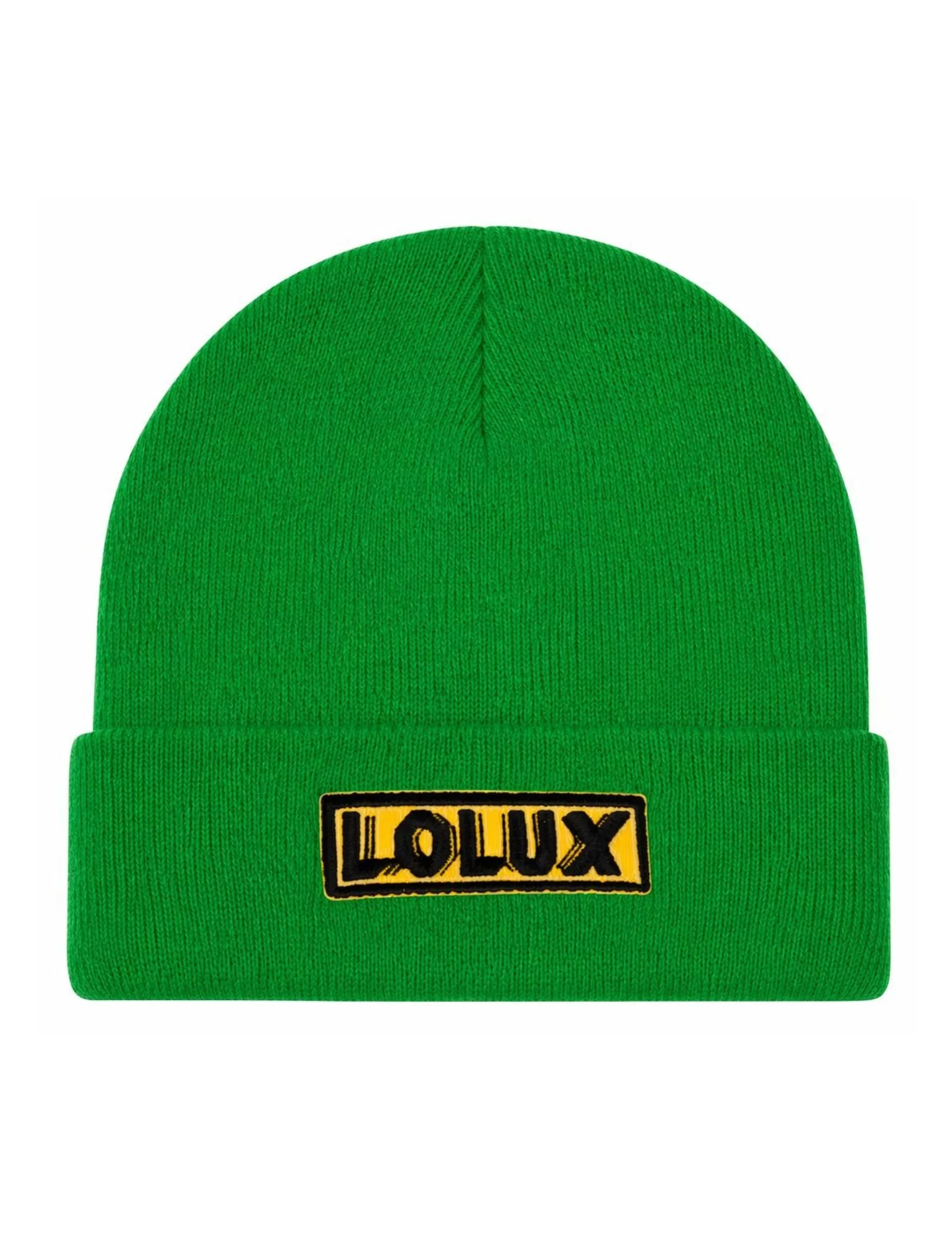 A green knit beanie hat with the word "LOX" embroidered on it in yellow and black.
