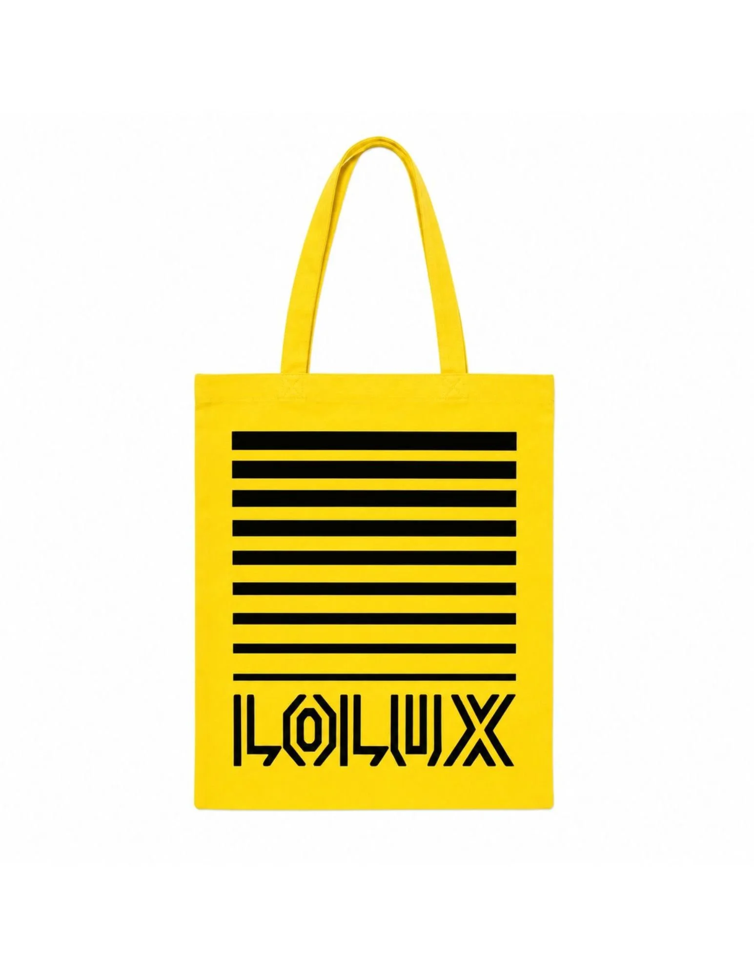 Yellow tote bag with black horizontal stripes and odd, distorted text, set against a white background.