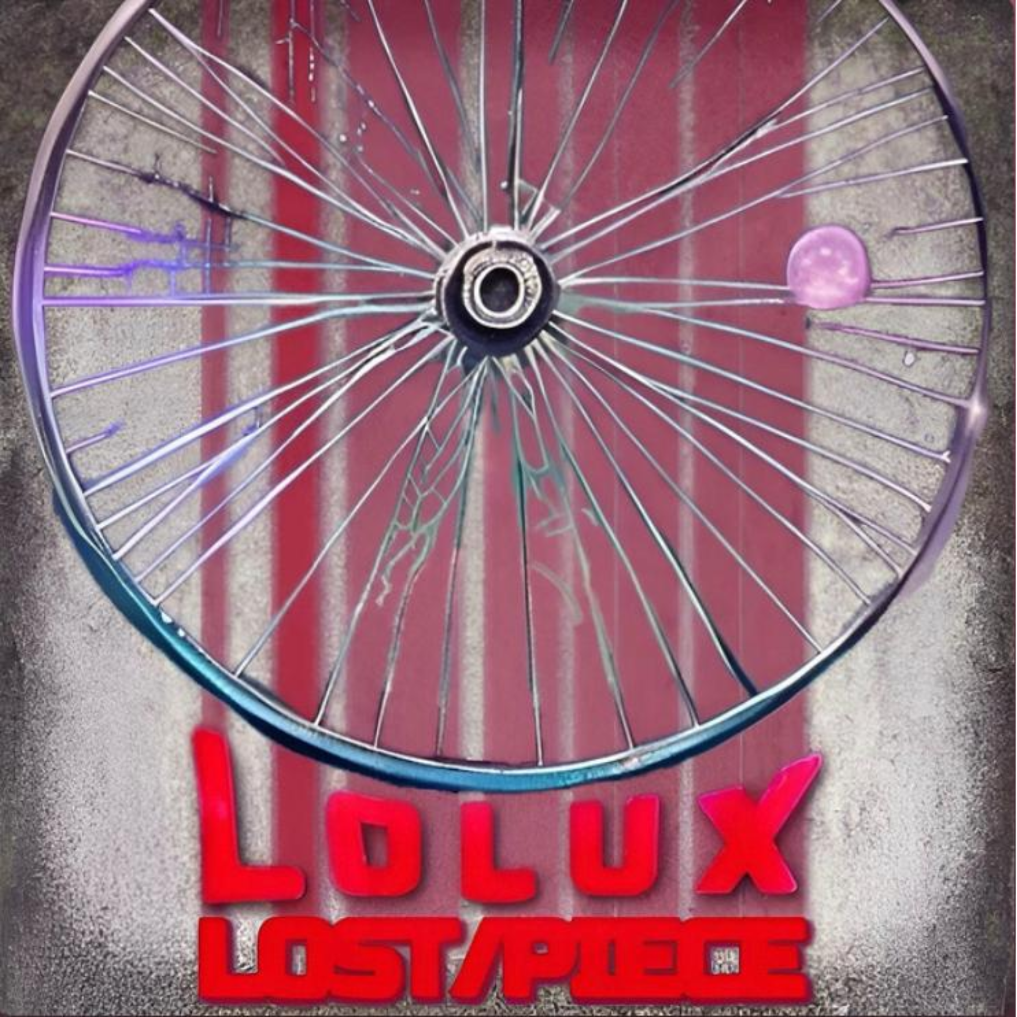 A bicycle wheel with broken spokes lying on the ground in front of red and black text. The broken spokes are spread out across the wheel, and the background is a textured asphalt surface.