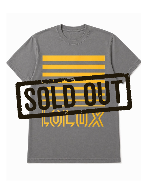 Gray T-shirt with yellow horizontal bars and stylized yellow text reading 'LOULUX' and a large 'SOLD OUT' stamp across the front.