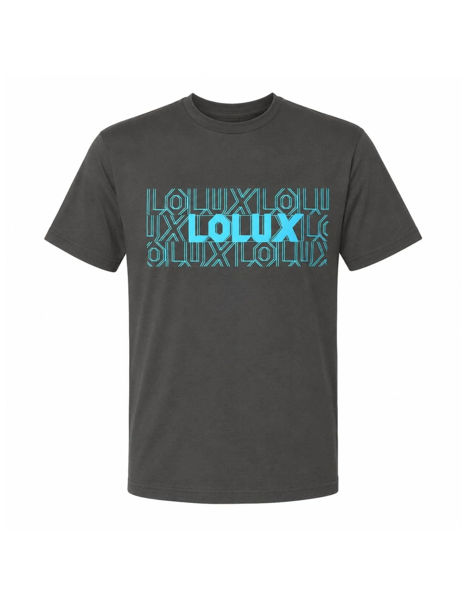 Black T-shirt with neon blue graphic print that reads "LOUX" repeated with geometric lines.