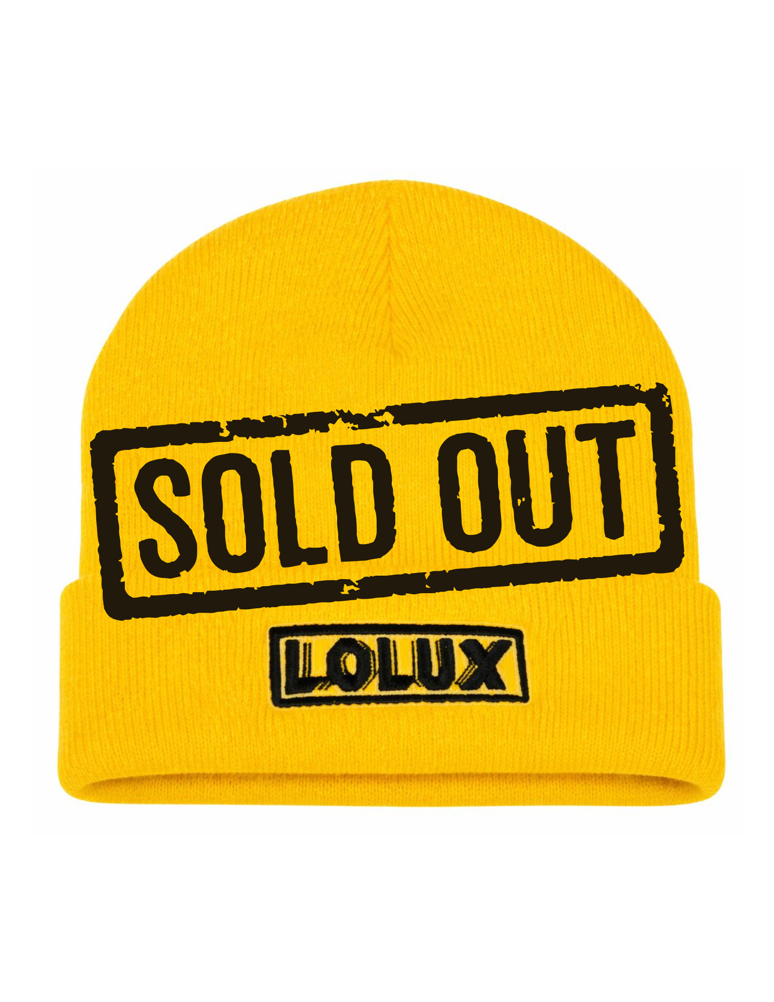 A yellow knit beanie with a black 'Sold Out' stamp and a 'Loulx' logo patch at the bottom.
