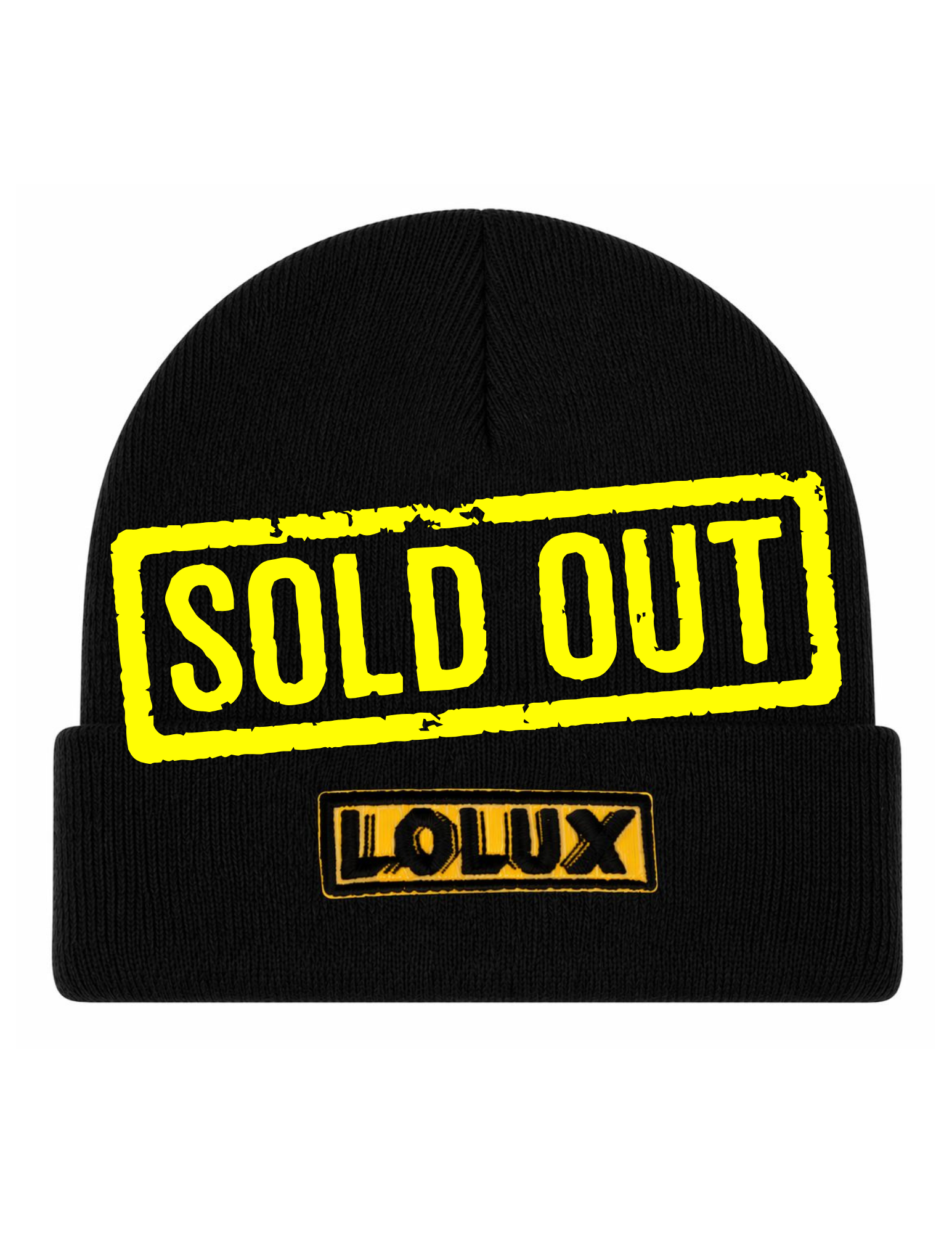 A black beanie hat with a yellow 'Sold Out' stamp print on the front and a yellow 'Loudx' logo patch below it.