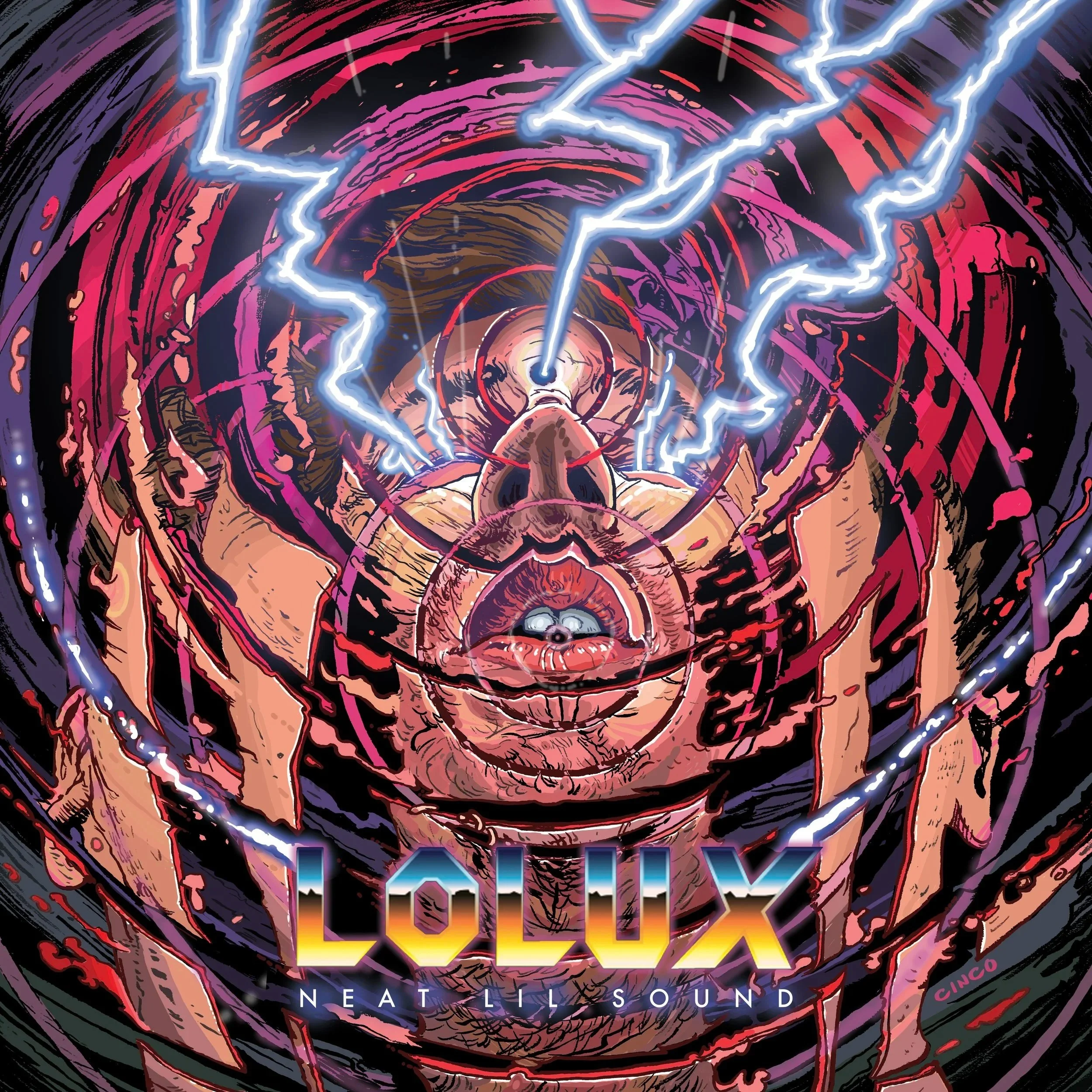 Illustration of a person with electrical lightning surrounding their head, creating the appearance of a vortex or tunnel with vibrant purple, red, and black colors. The text 'Neat Loud' is visible at the bottom of the image.