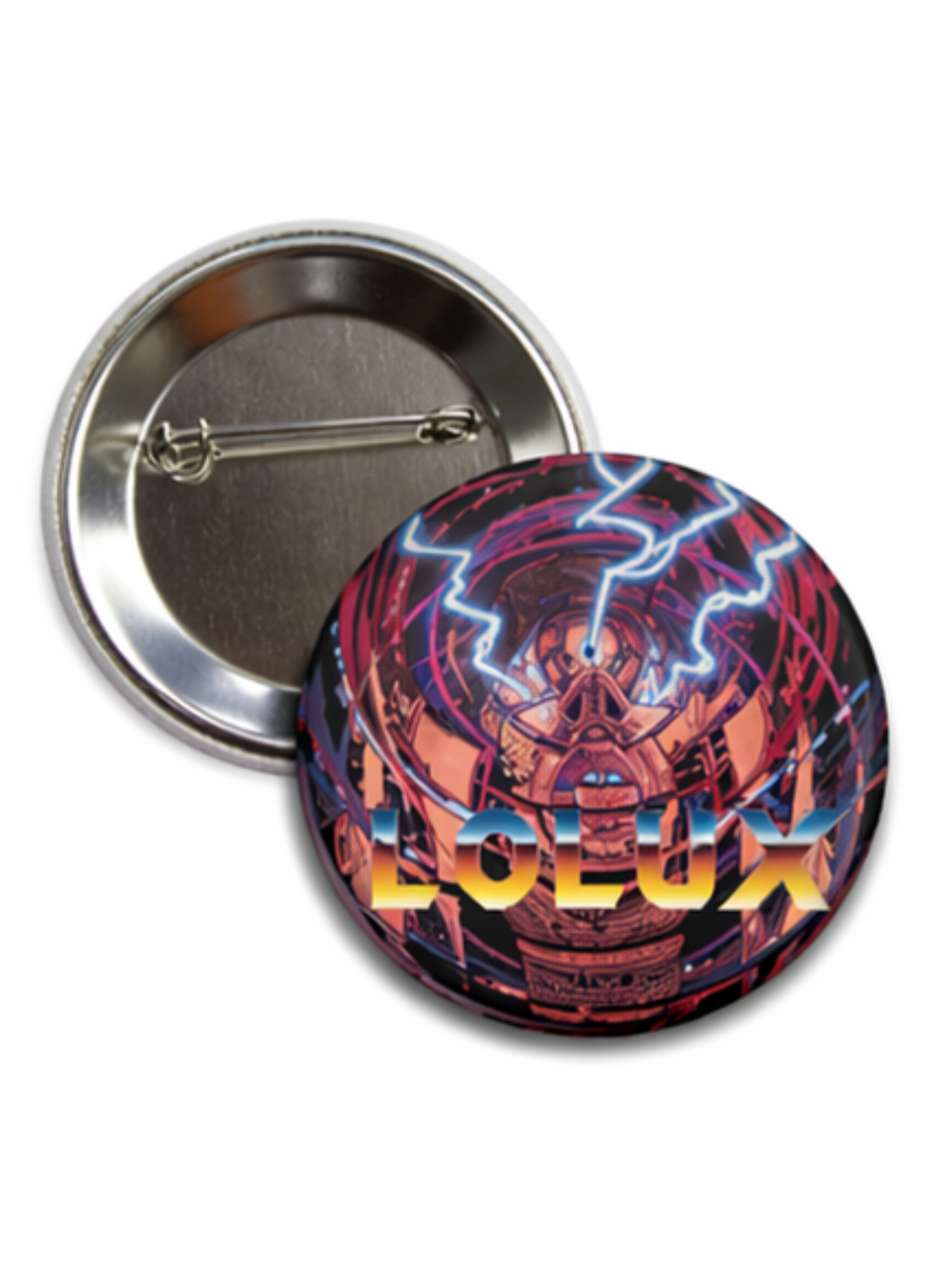 A round button with the text "LOLEX" and neon lightning graphics on a futuristic cityscape background.