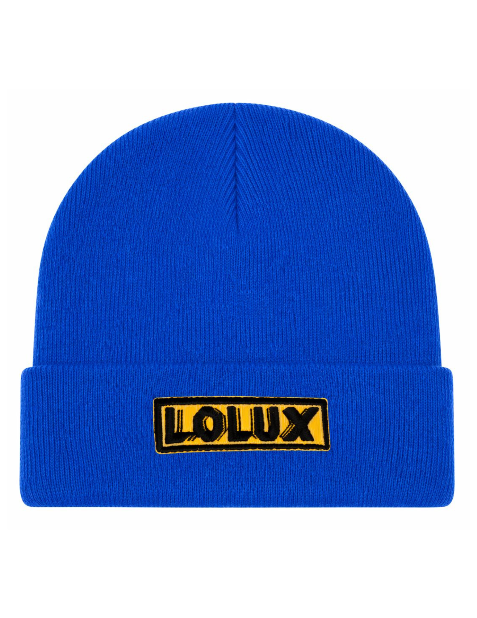 A bright blue beanie hat with a yellow and black "Loulx" logo patch on the front.