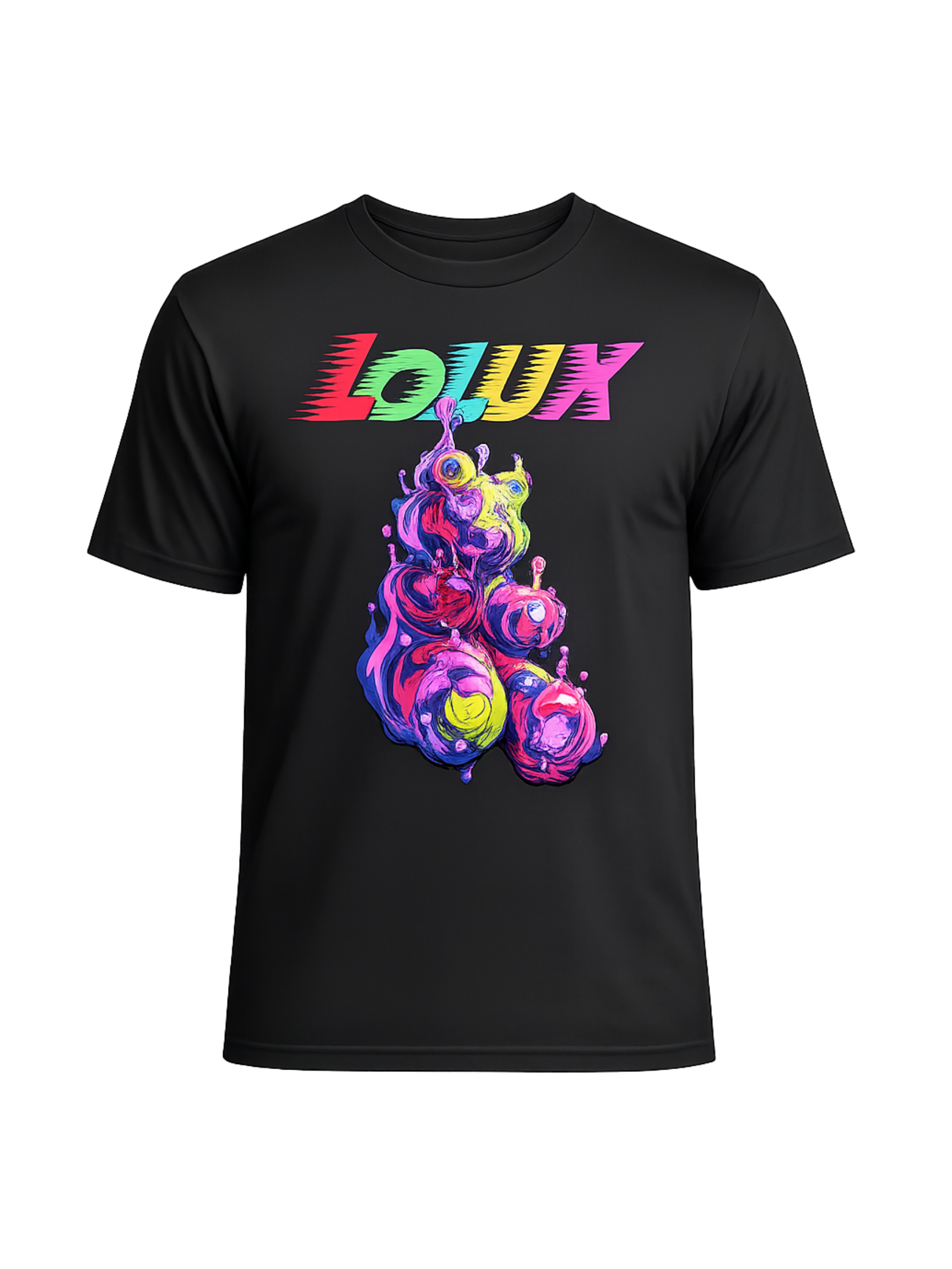 Black T-shirt with colorful, stylized graphic text that reads 'LOUX' and a vibrant, abstract illustration of a creature below it.