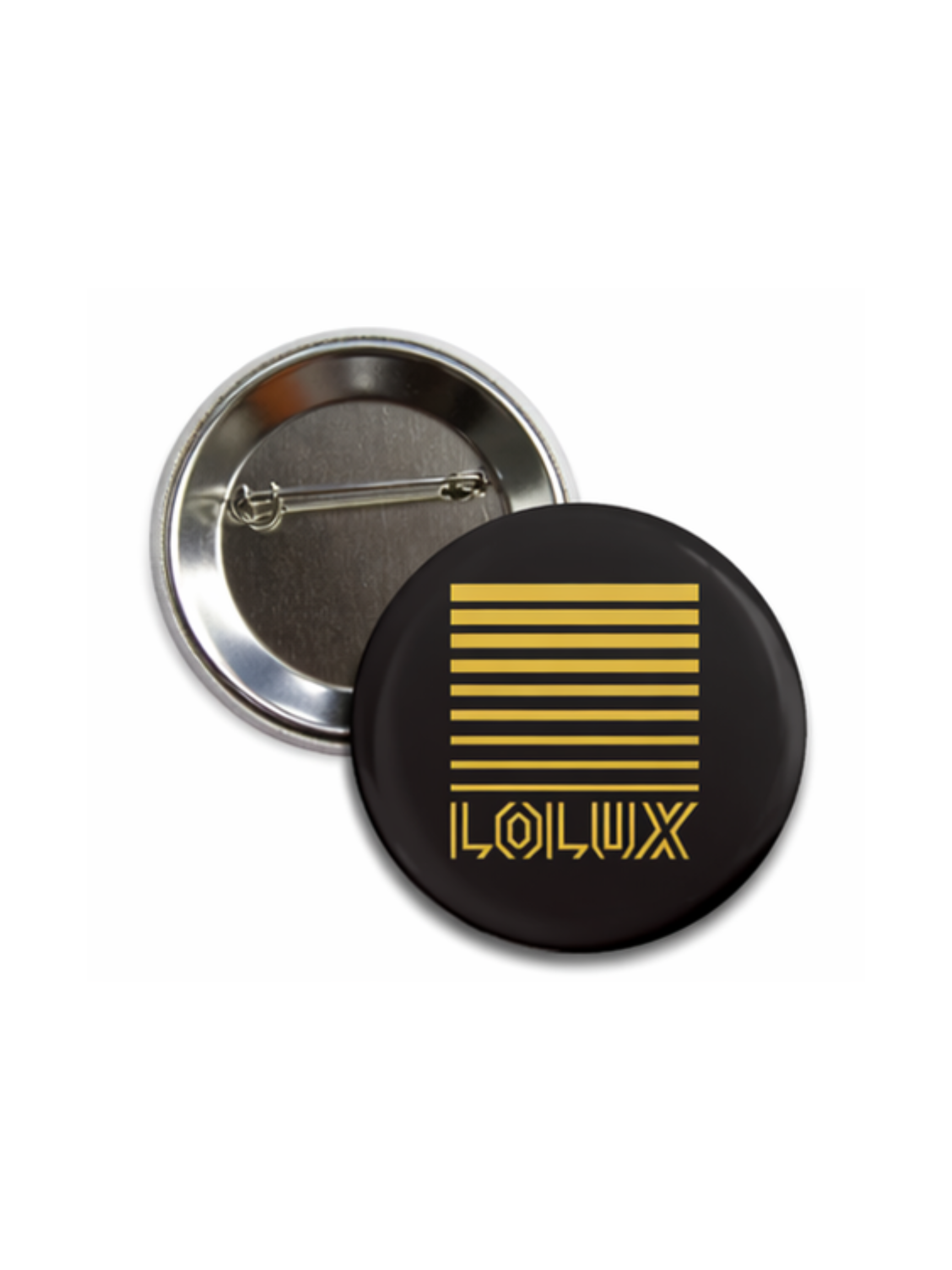 An open, round, silver tin with a black lid featuring yellow lines and the brand name 'LOLLUX.'