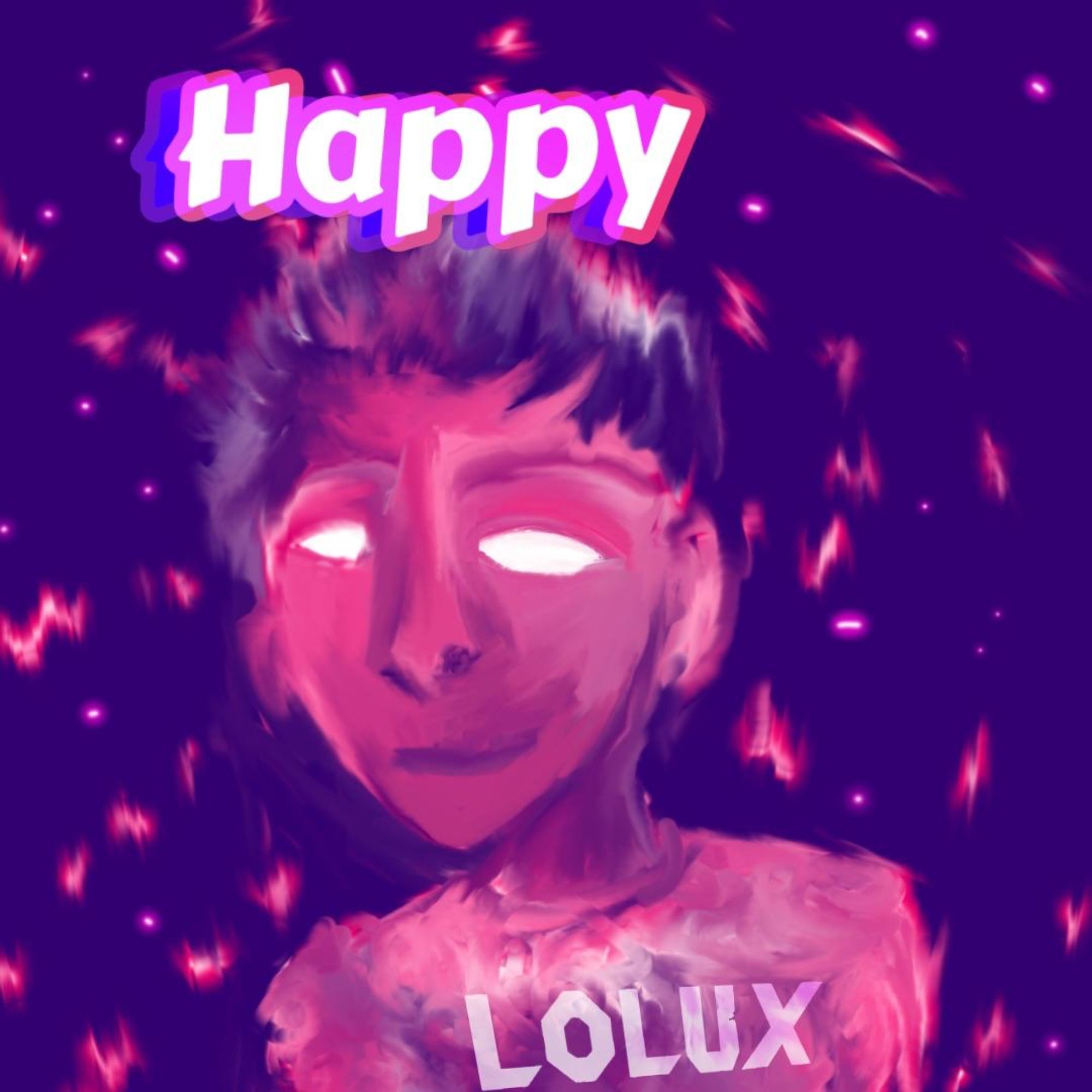 Bright pink glow with the word 'HAPPY' in bold white letters on a purple background with abstract pink and purple cloud-like patterns.