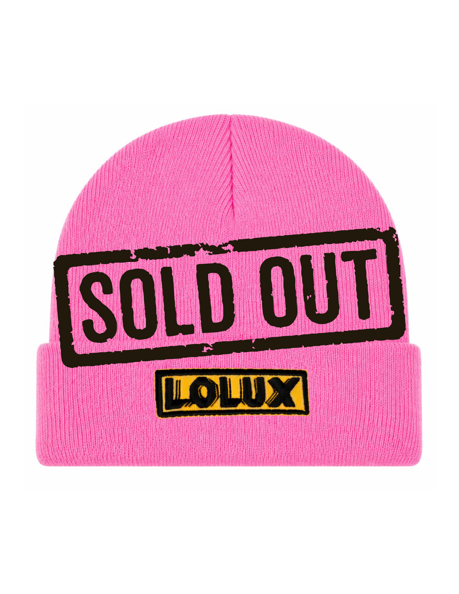Pink knit beanie hat with a black "SOLD OUT" stamp overlay and a yellow "LOLLUX" logo patch.