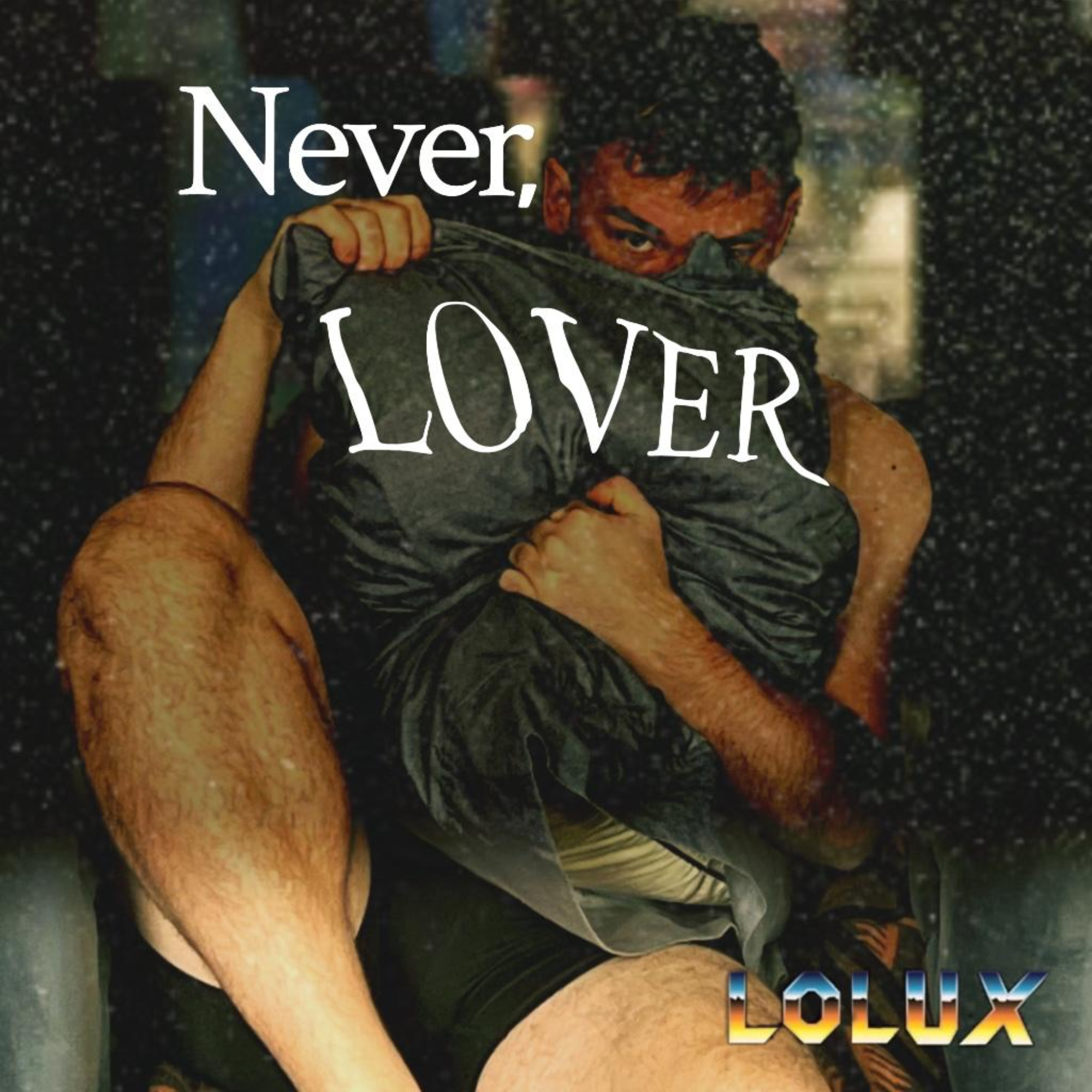 A person is looking through a rain-covered window at a person and text on a poster that says, "Never, NEVER, NEVER SURRENDER."