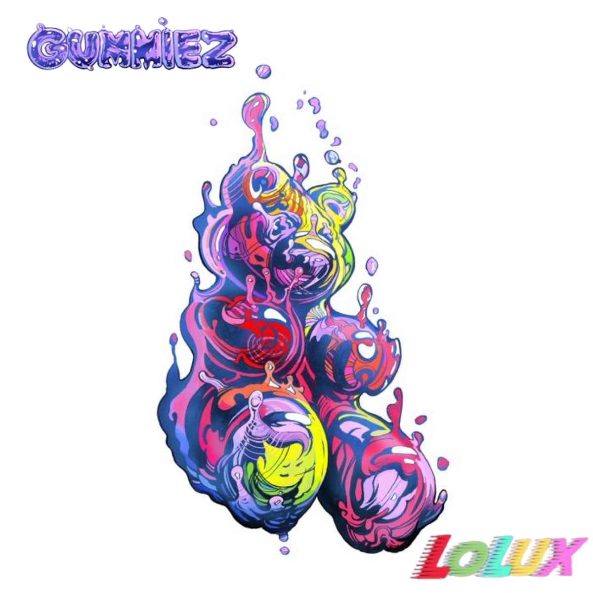Colorful abstract illustration of human lungs with the word "Gummies" at the top and "LoluX" at the bottom right in rainbow colors.