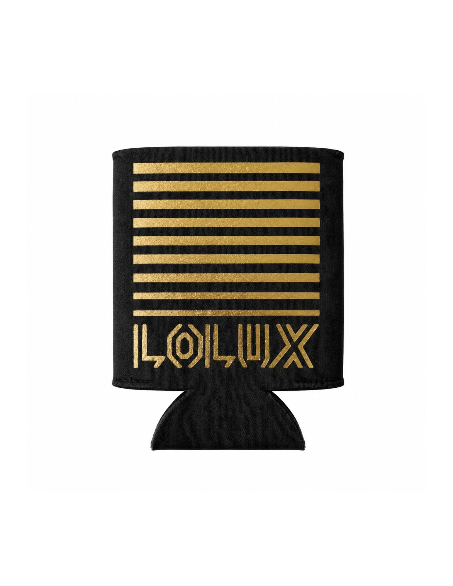 A black wristband with gold horizontal stripes and gold text that reads "LULUX" on a white background.