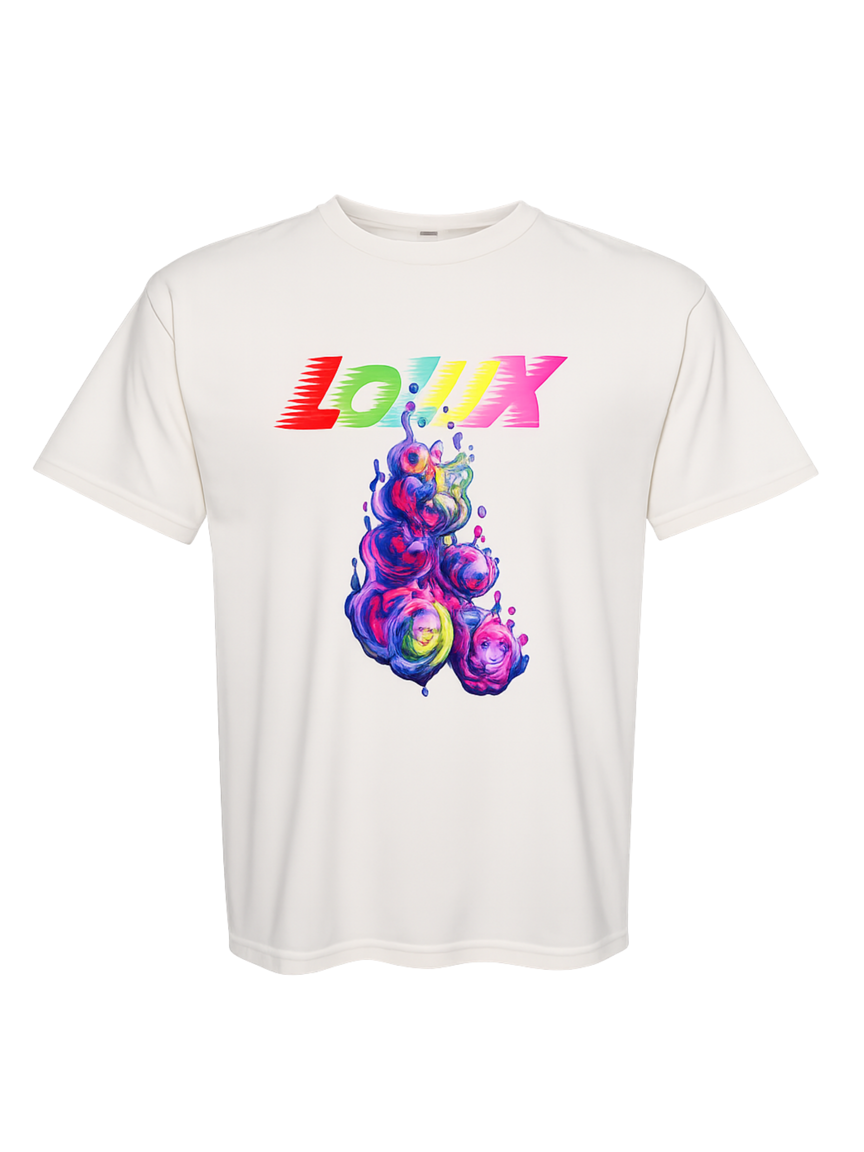 A white T-shirt with a colorful graphic design. The design features the word 'LUIX' in multicolored, stylized letters, and an abstract, vibrant splash of swirling colors below it.