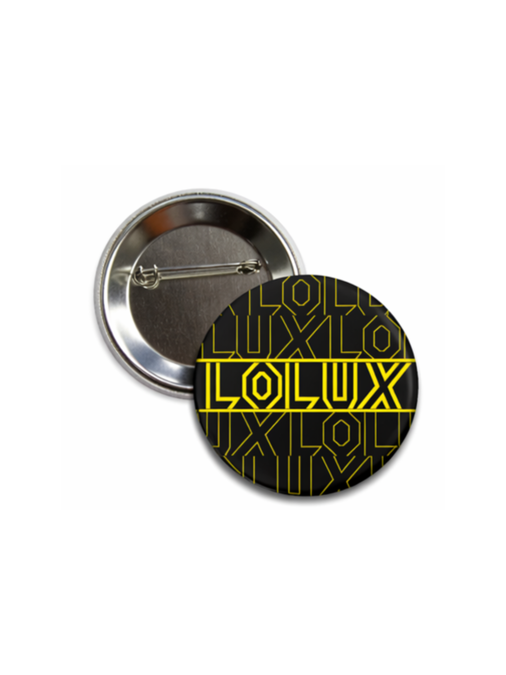 A round button pin with yellow geometric pattern and the word 'LUXLOX' in yellow on a black background, placed on a white background.