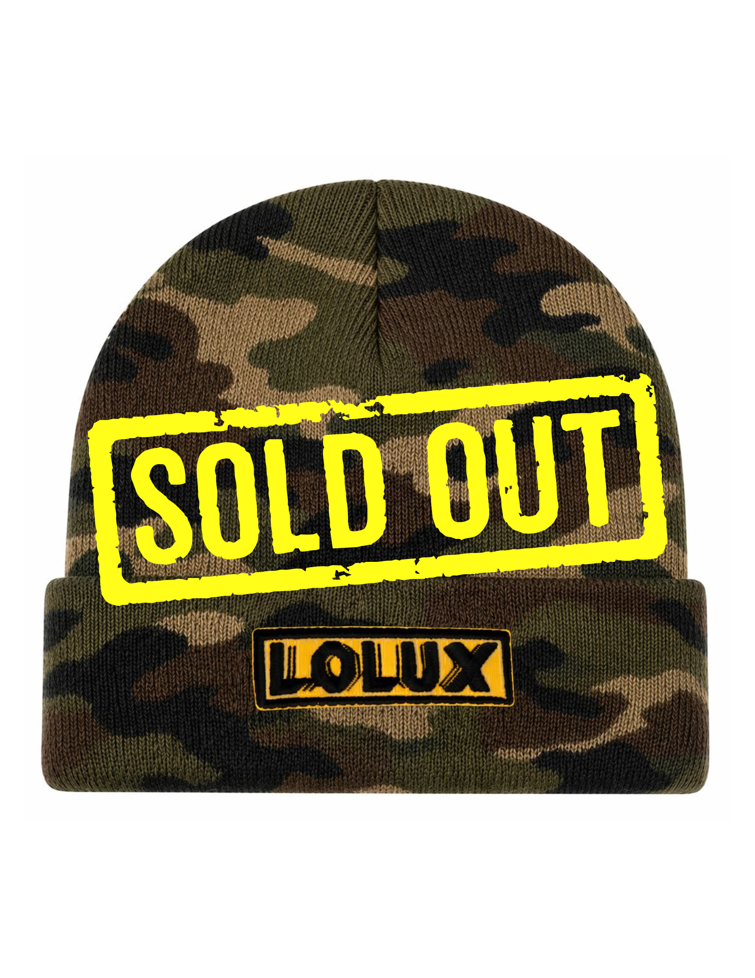 A camouflage knit beanie with yellow and black 'SOLD OUT' text and a black and yellow 'LOLLUX' label.