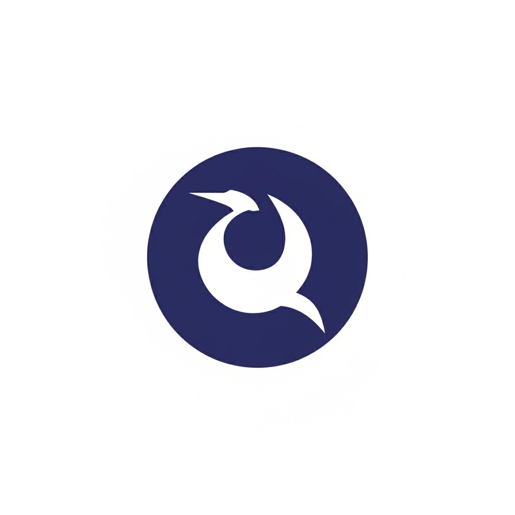 A logo featuring a stylized bird inside a navy blue circle on a white background.