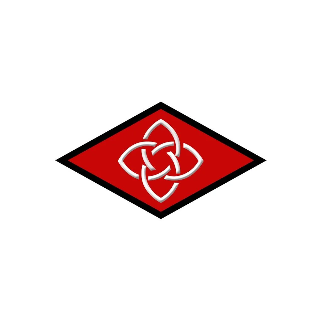 A symbol featuring an intertwined silver knot in the center of a red diamond shape with a black and red border.